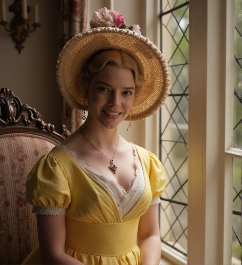 <lora:emma-woodhouse-flux-3mr4:1> 3mr4, Victorian style dress, outdoor , sipping tea, sitting in a sumptuous hall, yellow dress, with typical Victorian embroidery, hearth, soft and warm light, smile, hat with flowers