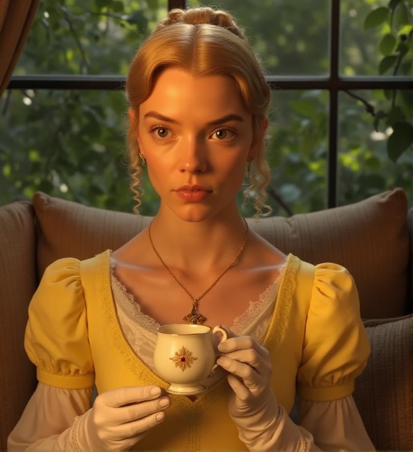 <lora:emma-woodhouse-flux-3mr4:1> 3mr4, Victorian style dress, outdoor , sipping tea, sitting in a sumptuous hall, yellow dress, with typical Victorian embroidery, hearth, soft and warm light