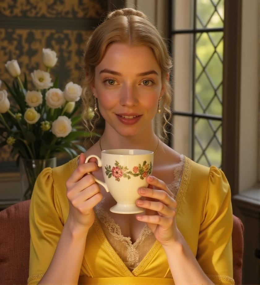 <lora:emma-woodhouse-flux-3mr4:1> 3mr4, Victorian style dress, outdoor , sipping tea, sitting in a sumptuous hall, yellow dress, with typical Victorian embroidery, hearth, soft and warm light, smile