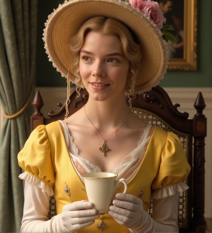 <lora:emma-woodhouse-flux-3mr4:1> 3mr4, Victorian style dress, outdoor , sipping tea, sitting in a sumptuous hall, yellow dress, with typical Victorian embroidery, hearth, soft and warm light, smile, hat with flowers