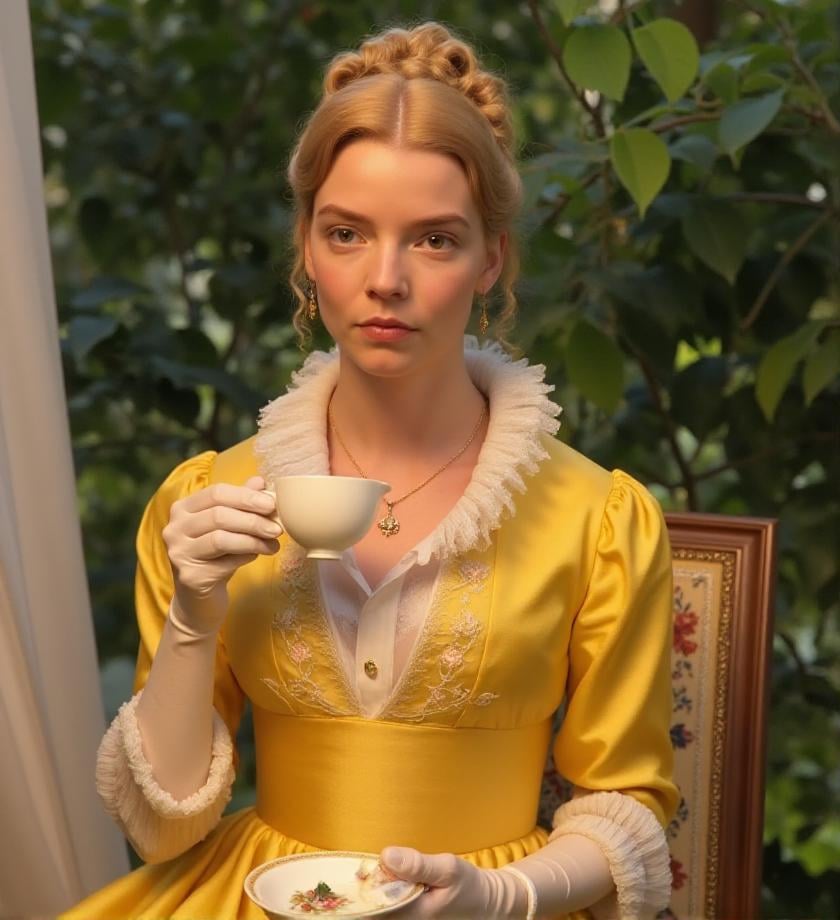 <lora:emma-woodhouse-flux-3mr4:1> 3mr4, Victorian style dress, outdoor , sipping tea, sitting in a sumptuous hall, yellow dress, with typical Victorian embroidery