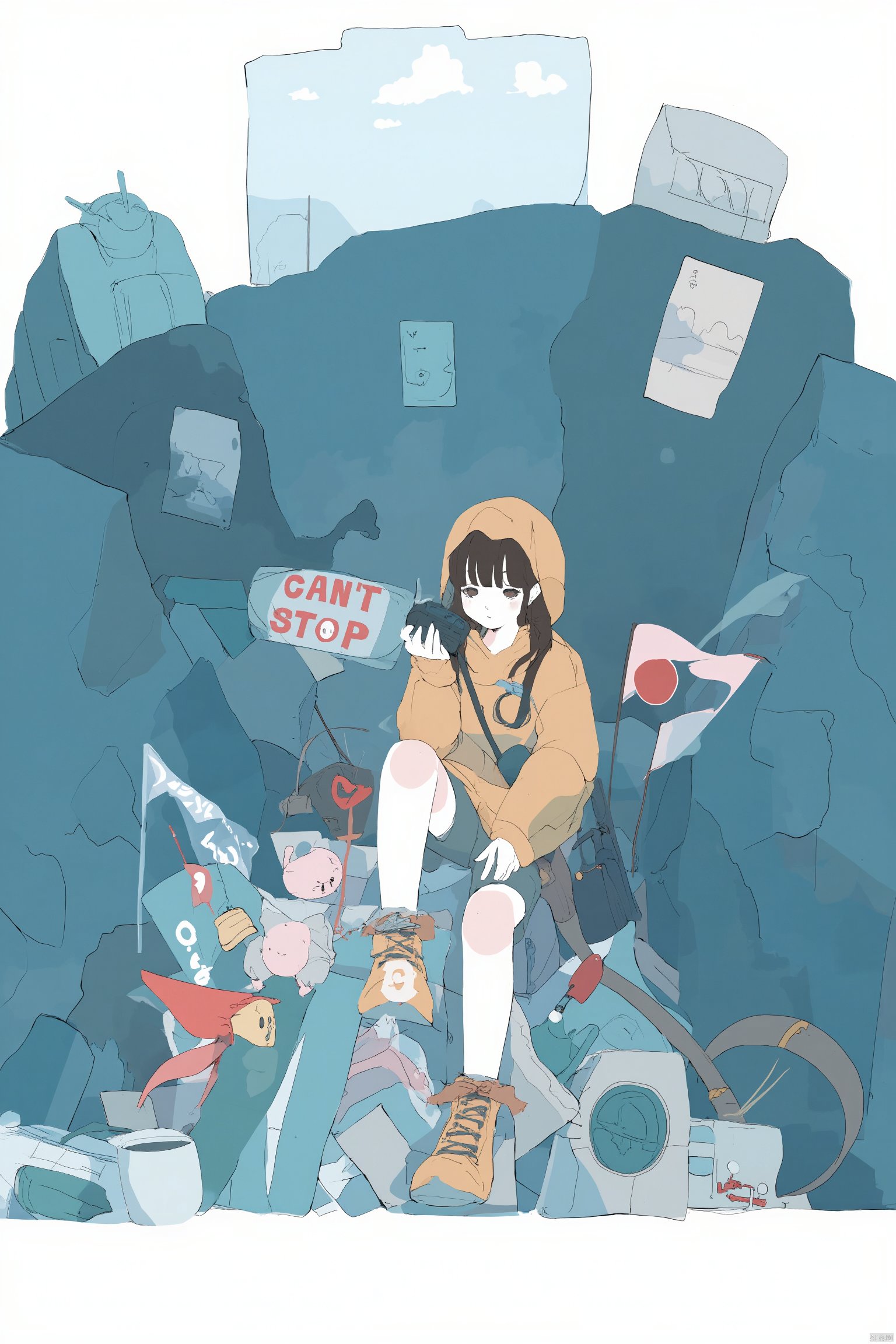 Anime artwork cartoon-like illustration young person with orange hoodie and yellow jacket sitting on a pile of trash holding a camera surrounded by various signs including "Sorry" and "Can't Stop" signs blue and white background playful and whimsical mood hand-drawn style soft pastel colors., 1girl, solo, sign, sitting, hood, road sign, white background, flat color, long sleeves, holding, shorts, shoes, hood up, looking at viewer, bag, simple background, hoodie