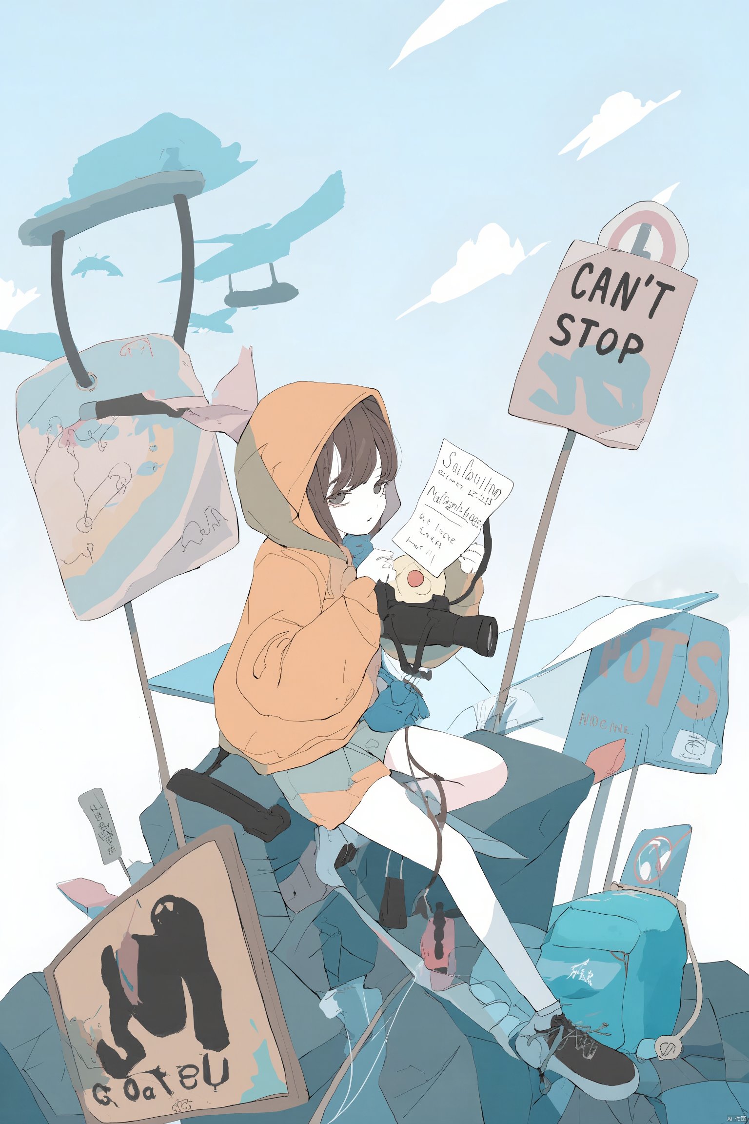 Anime artwork cartoon-like illustration young person with orange hoodie and yellow jacket sitting on a pile of trash holding a camera surrounded by various signs including "Sorry" and "Can't Stop" signs blue and white background playful and whimsical mood hand-drawn style soft pastel colors., 1girl, solo, sign, sitting, hood, road sign, white background, flat color, long sleeves, holding, shorts, shoes, hood up, looking at viewer, bag, simple background, hoodie