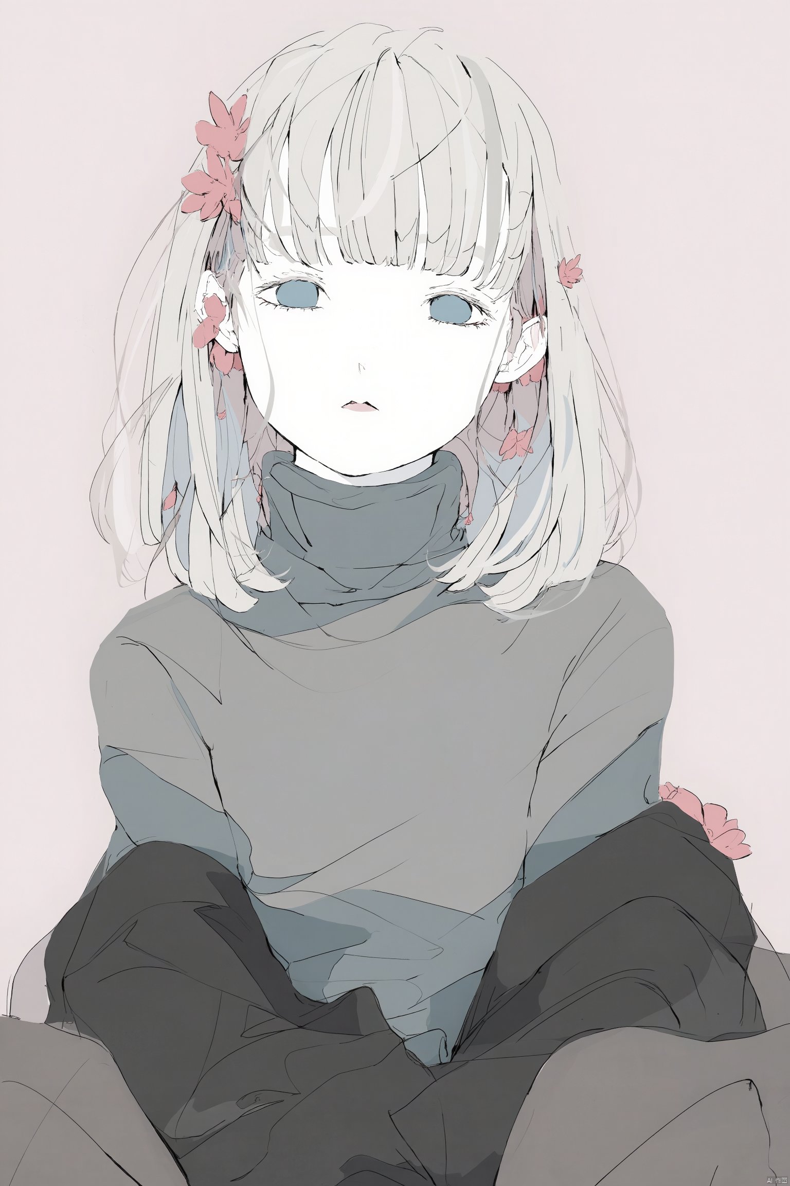 Anime drawing anime girl with blonde hair and blue eyes wearing a gray sweater with black sleeves pink flowers in her hair sitting against a light pink background looking to the side with a peaceful expression soft and calm atmosphere., 1girl, solo, flower, jewelry, earrings, flower earrings, blue eyes, portrait, hair ornament, simple background, hair flower, no pupils, turtleneck, blonde hair, sweater, medium hair, looking at viewer, jacket, parted lips, turtleneck sweater, red flower, blunt bangs, black jacket