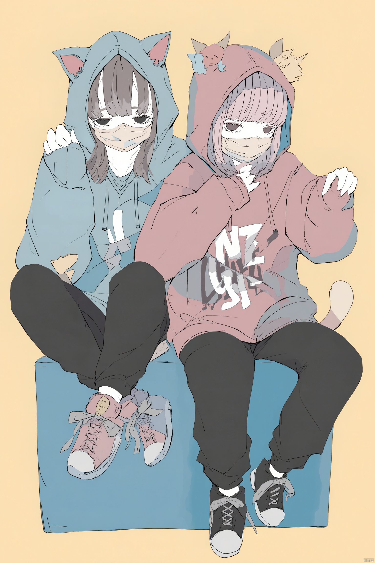 Anime drawing two characters in hoodies with cat faces one with long brown hair and the other with pink hair one in blue and gray one wearing pink and one in black sitting on a blue box soft yellow background casual and relaxed pose hand-written text on the hoodies relaxed and friendly atmosphere., hood, hoodie, sleeves past wrists, sitting, shoes, simple background, brown hair, 1girl, sleeves past fingers, pants, mask, black pants, sneakers, long sleeves, yellow background