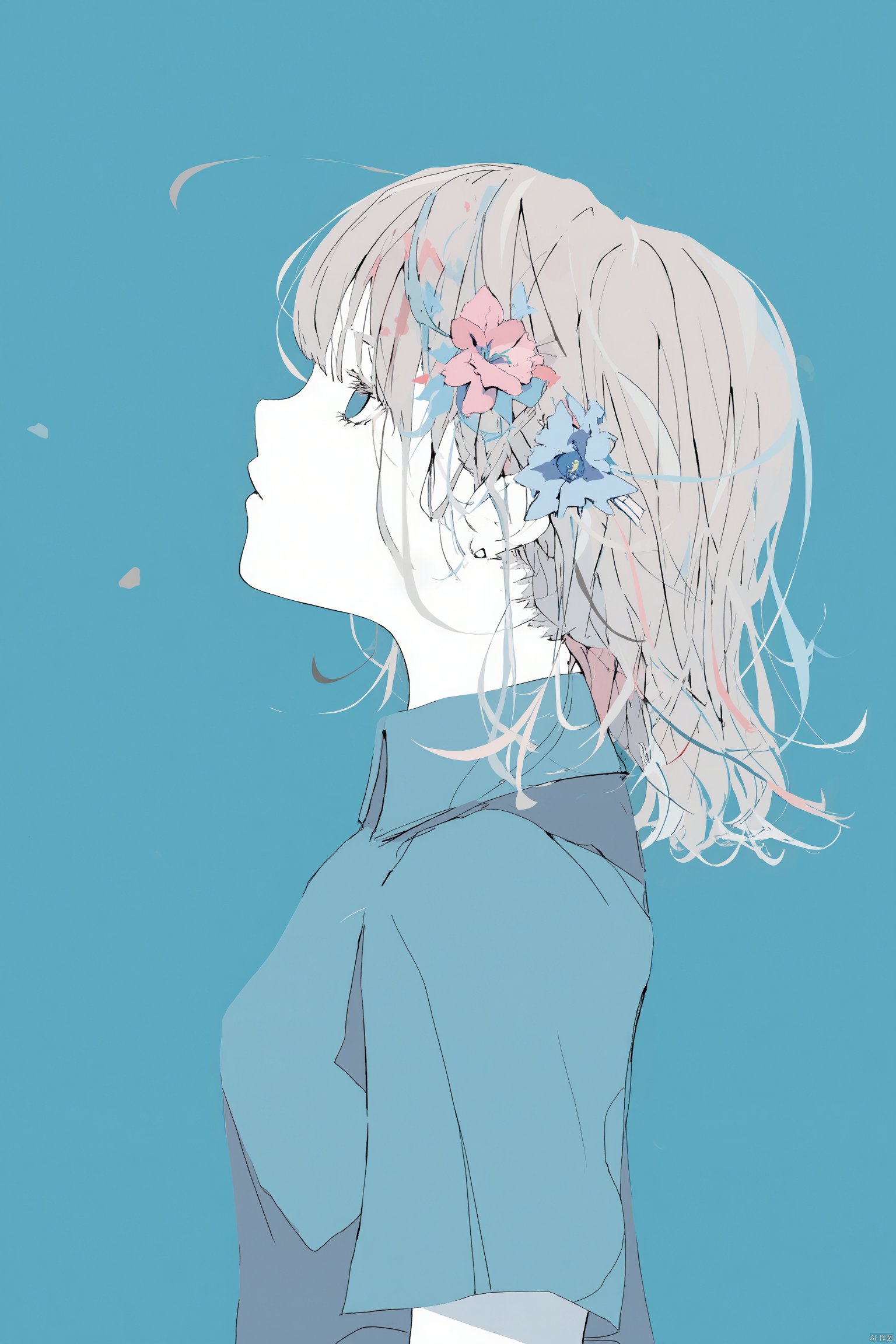 Anime artwork side profile of a young woman with long blonde hair adorned with pink and blue flowers wearing a blue dress blue background soft pastel colors serene expression hand near face delicate floral hair accessories gentle breeze ethereal and peaceful atmosphere., 1girl, solo, flower, shirt, from side, blue background, blue eyes, simple background, profile, hair flower, collared shirt, multicolored hair, short hair, upper body, pale skin