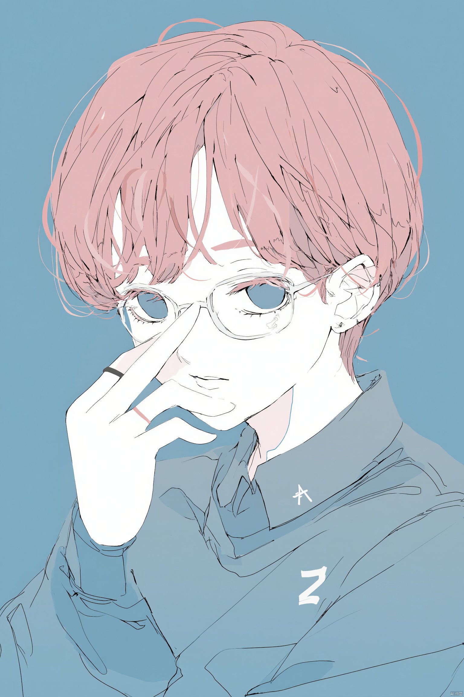 Anime drawing young man with pink hair and glasses holding a hand near his face wearing a blue jacket with a collar blue background soft pastel colors hand-written letter "Z" on the jacket relaxed expression casual pose side profile minimalistic composition., solo, 1girl, short hair, jewelry, glasses, blue eyes, simple background, shirt, heterochromia, earrings, portrait, piercing, ear piercing, looking at viewer, collared shirt, flat color, red hair, ring