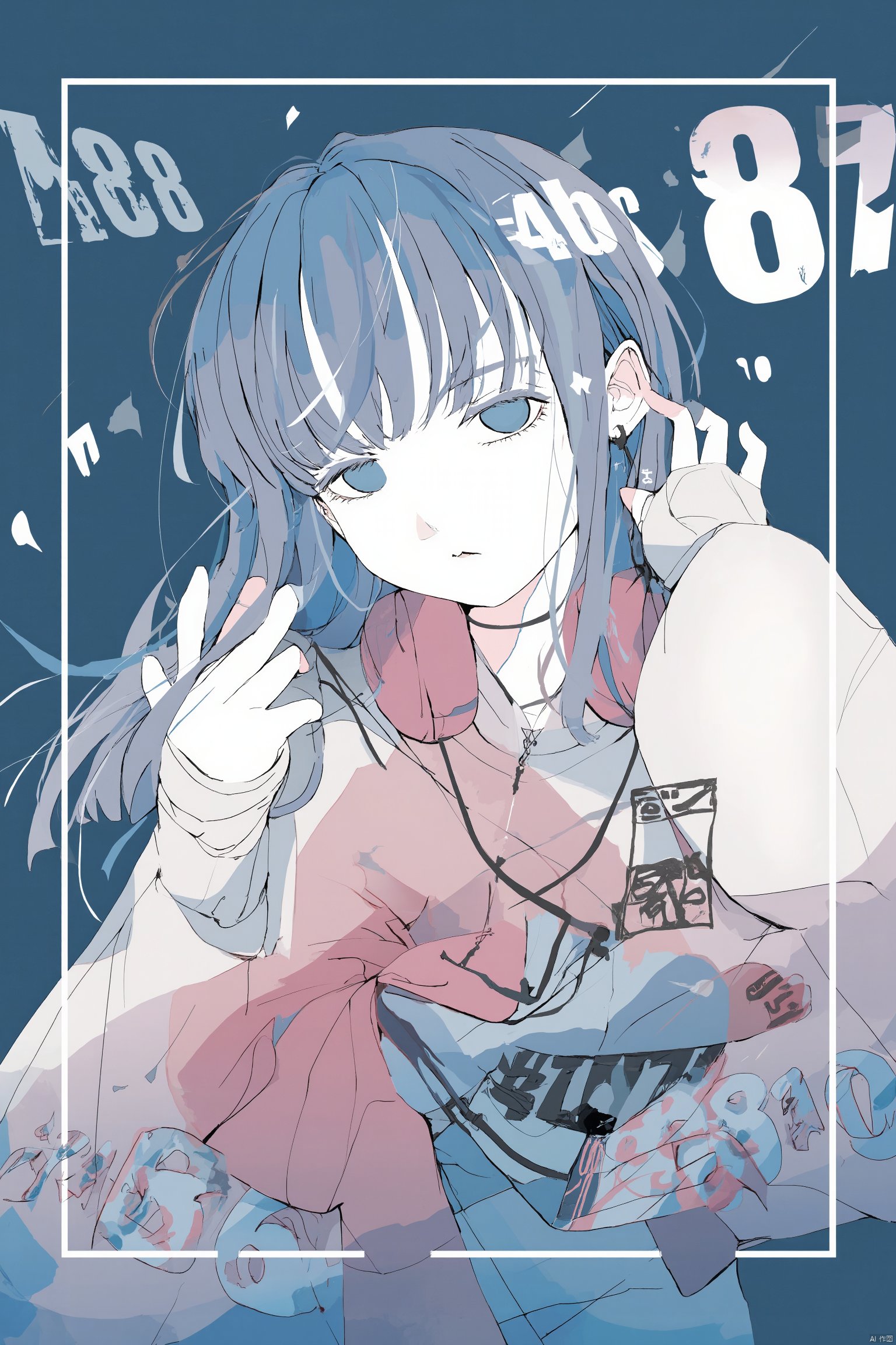 Anime-inspired illustration anime character with long blue hair wearing a pink and white outfit holding a pink bow surrounded by text that reads "#88 ab3" and "9798" on a dark blue background with the numbers "4c8c9" in the upper right corner., 1girl, solo, looking at viewer, blue hair, jewelry, simple background, earrings, blue eyes, headphones, headphones around neck, portrait, long sleeves, blue background, long hair, shirt, flat color, tattoo, hand up