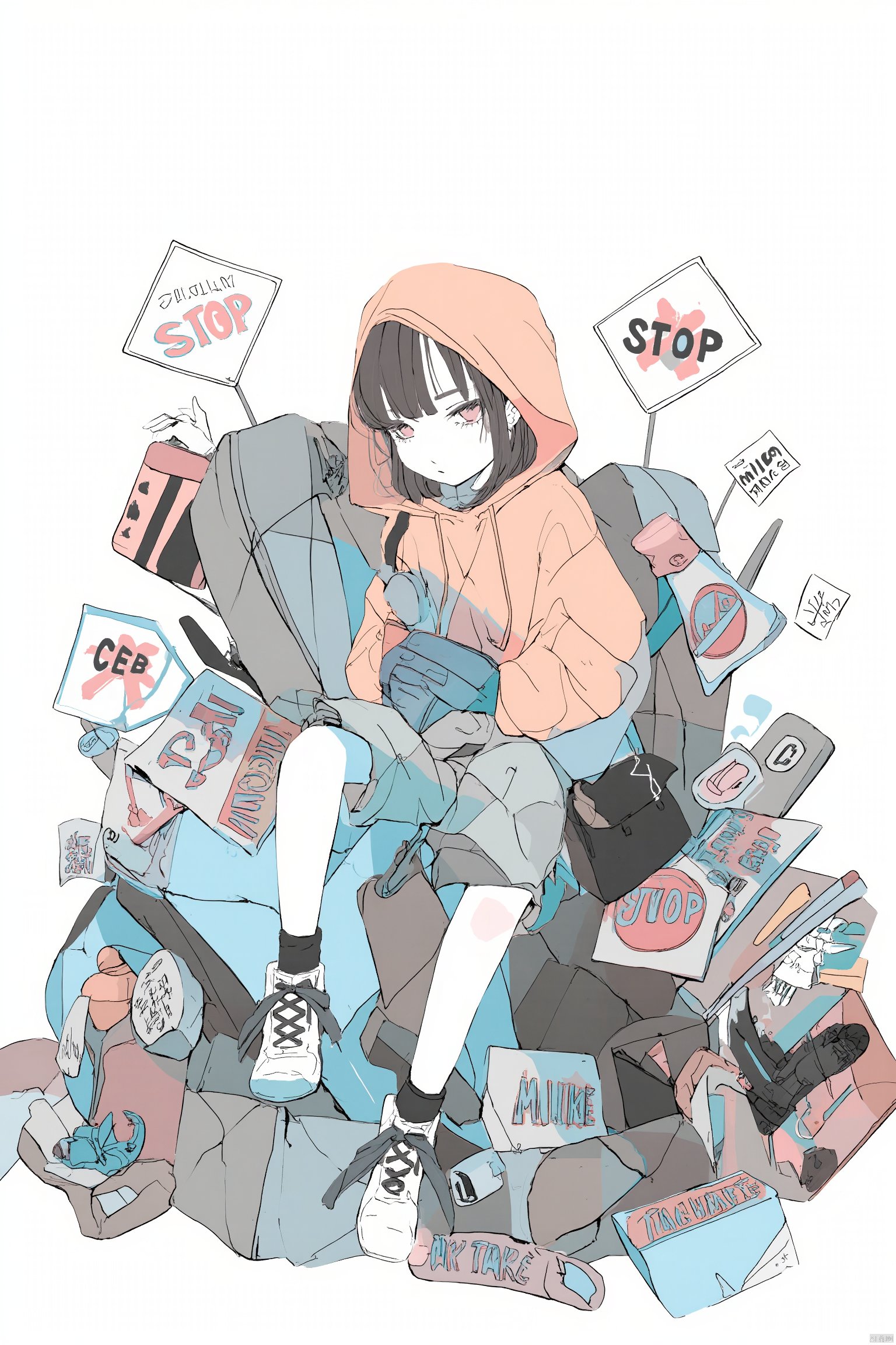 Anime artwork cartoon-like illustration young person with orange hoodie and yellow jacket sitting on a pile of trash holding a camera surrounded by various signs including "Sorry" and "Can't Stop" signs blue and white background playful and whimsical mood hand-drawn style soft pastel colors., 1girl, solo, sign, sitting, hood, road sign, white background, flat color, long sleeves, holding, shorts, shoes, hood up, looking at viewer, bag, simple background, hoodie