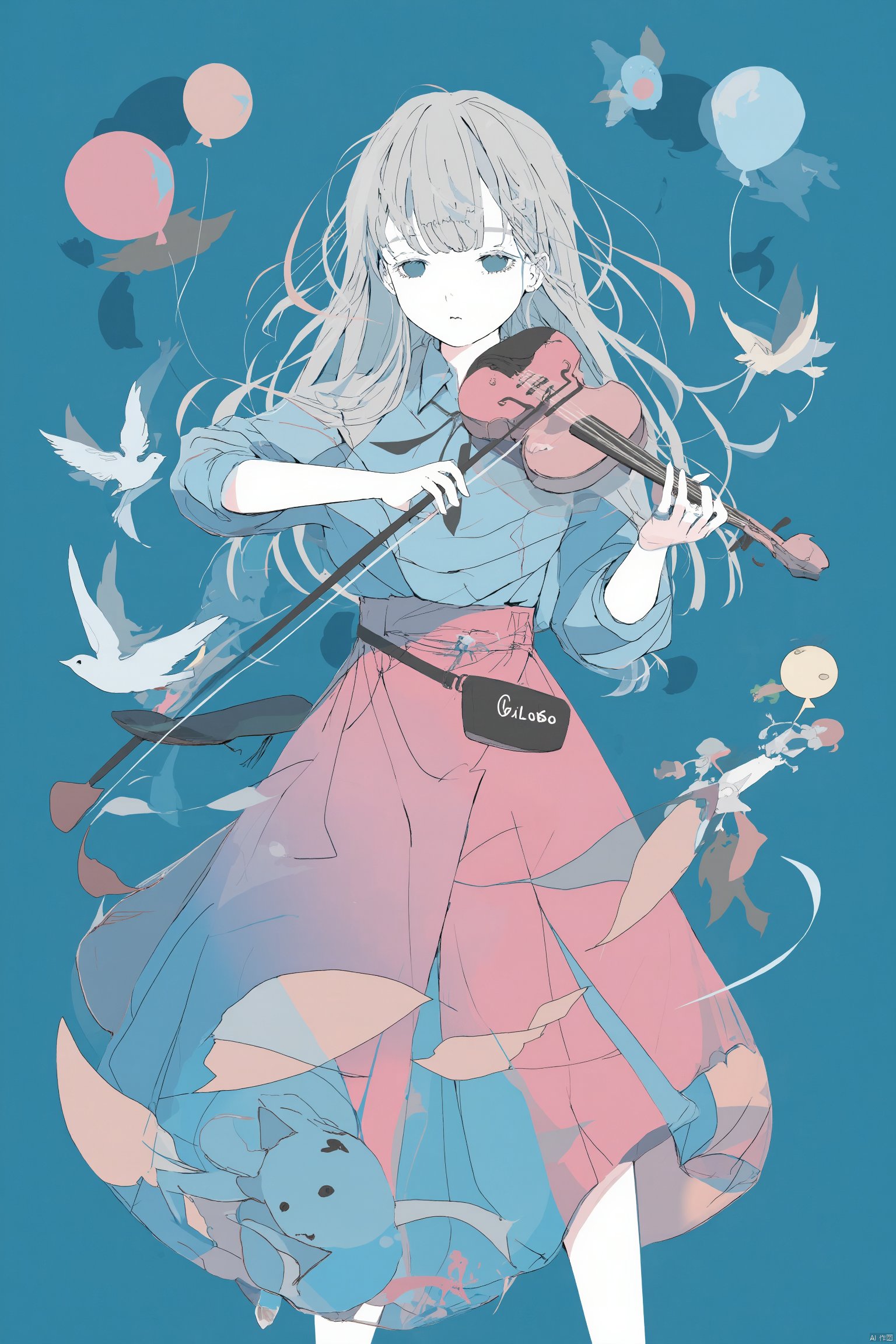 Anime illustration young woman with long blonde hair wearing a blue and pink dress holding a pink violin surrounded by flying birds and balloons blue background blue cat in the foreground playful and whimsical atmosphere soft pastel colors dynamic and energetic pose full-body shot slight downward angle gentle expression., 1girl, violin, instrument, skirt, solo, bow \(music\), shirt, holding, blue background, music, long sleeves, holding instrument, blue eyes, holding violin, playing instrument, long skirt, bird, closed mouth, simple background, neck ribbon, collared shirt, ribbon, shirt tucked in