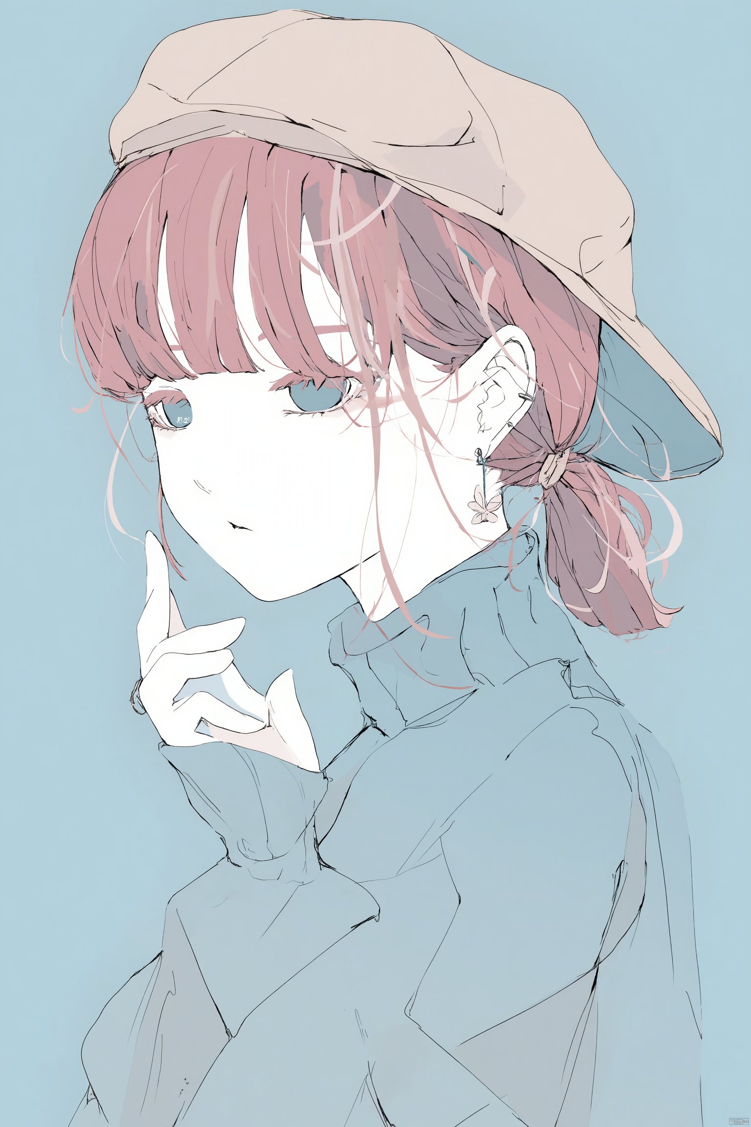 Anime-inspired anime-inspired drawing side profile of a young girl with pink hair wearing a beige cap blue outfit blue eyes pink hair tied with a hairpin soft pastel colors light blue background gentle expression hand gesture delicate and serene atmosphere., 1girl, solo, jewelry, earrings, hat, flower earrings, simple background, portrait, red hair, no pupils, hand up, looking at viewer, blue eyes, short ponytail, shirt, pale skin, piercing, ear piercing, sleeves past wrists, short hair, long sleeves, closed mouth, choppy bangs, turtleneck, sweater