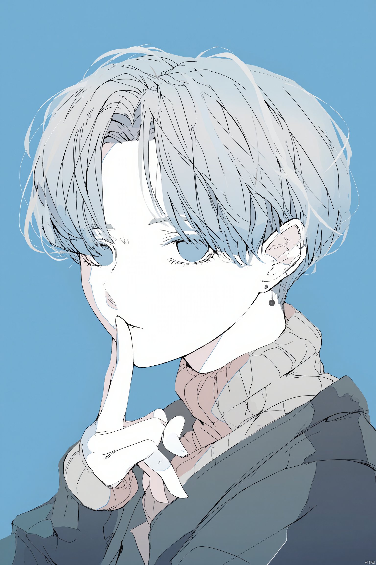 Anime drawing anime boy with light blonde hair and blue eyes wearing a black jacket holding a finger to his lips blue background soft lighting neutral expression side profile hand near mouth earring in ear light blue eyes., solo, finger to mouth, jewelry, blue background, short hair, blue eyes, simple background, earrings, looking at viewer, portrait, grey hair, sweater, shushing, jacket, index finger raised, 1boy, 1girl, male focus