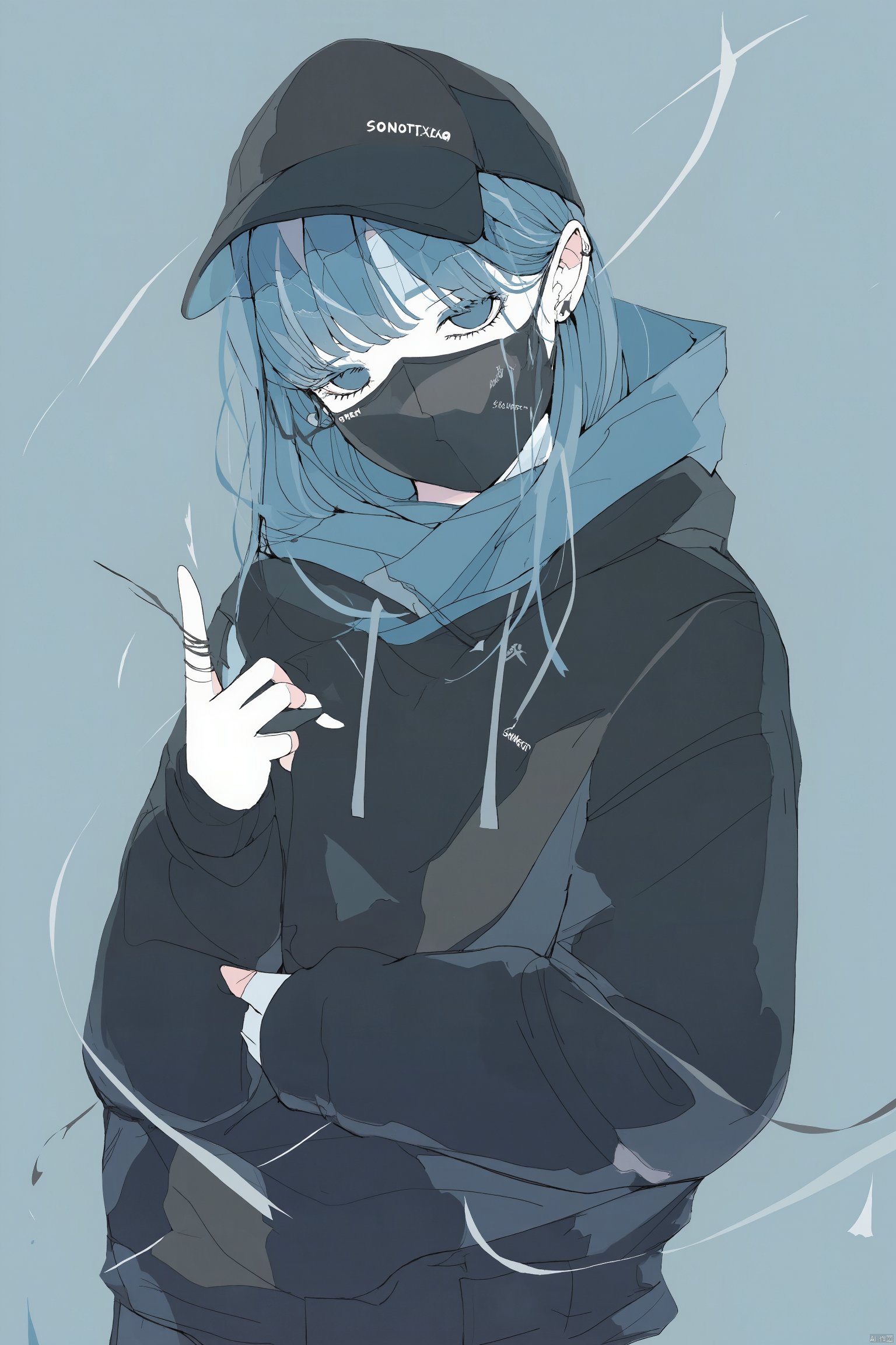 Anime artwork anime character with blue hair and a black face mask wearing a black hoodie and blue scarf black baseball cap standing with one hand raised light blue background neutral expression hand gesture soft lighting casual pose minimalistic style., solo, 1girl, mask, mouth mask, hat, blue hair, hoodie, hood, long hair, simple background, baseball cap, looking at viewer, grey background, black headwear, jewelry, earrings, long sleeves, piercing, black hoodie, ear piercing, pants