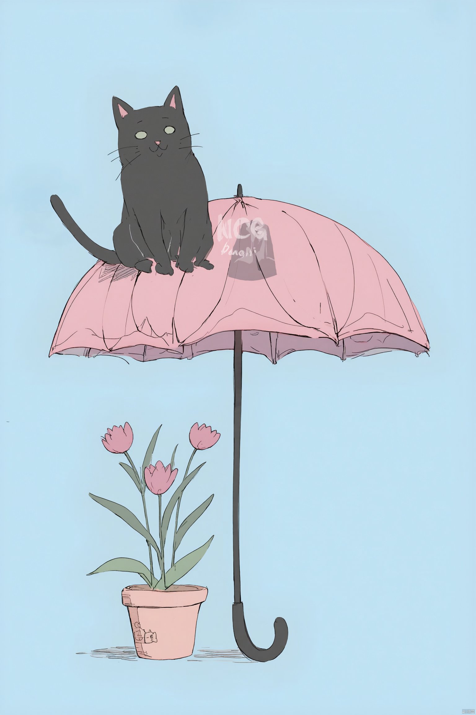 Photograph sketch pink umbrella with a black cat on it potted plant with pink tulips NCG logo black silhouette of a cat light blue background hand-drawn style minimalistic soft focus delicate and whimsical., no humans, umbrella, cat, plant, simple background, black cat, blue background, flower pot, potted plant, flower, pink flower, animal, pink umbrella, animal focus