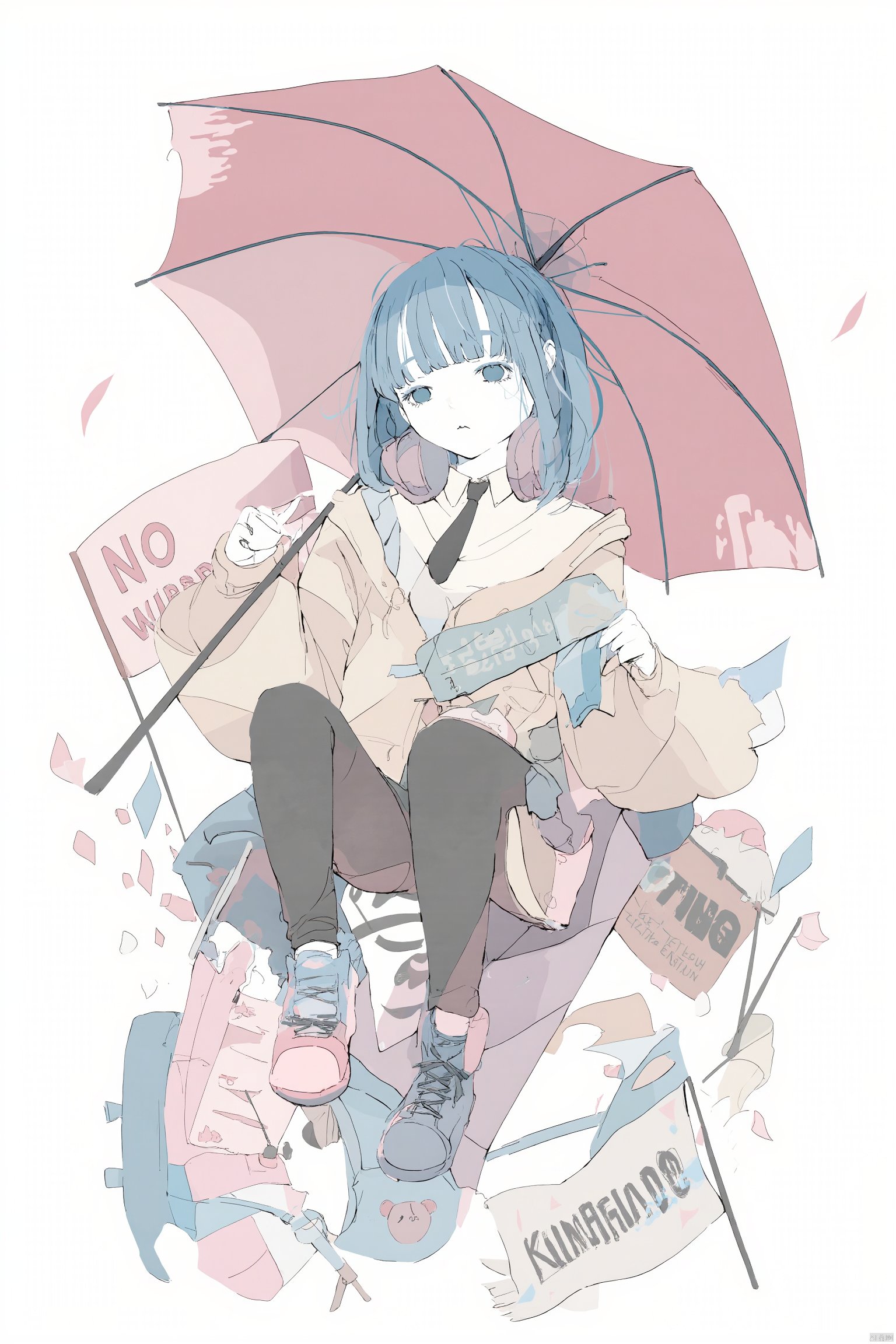 Anime illustration girl with blue hair and white face sitting on a pile of trash holding a pink umbrella surrounded by various signs and flags including one that says "No Warrier" and "PRING" on it wearing a black and white outfit holding an umbrella pink background soft pastel colors casual and playful mood., 1girl, solo, necktie, headphones, shirt, headphones around neck, white background, sign, flat color, blue hair, black necktie, jacket, shoes, simple background, collared shirt, yellow jacket, looking at viewer