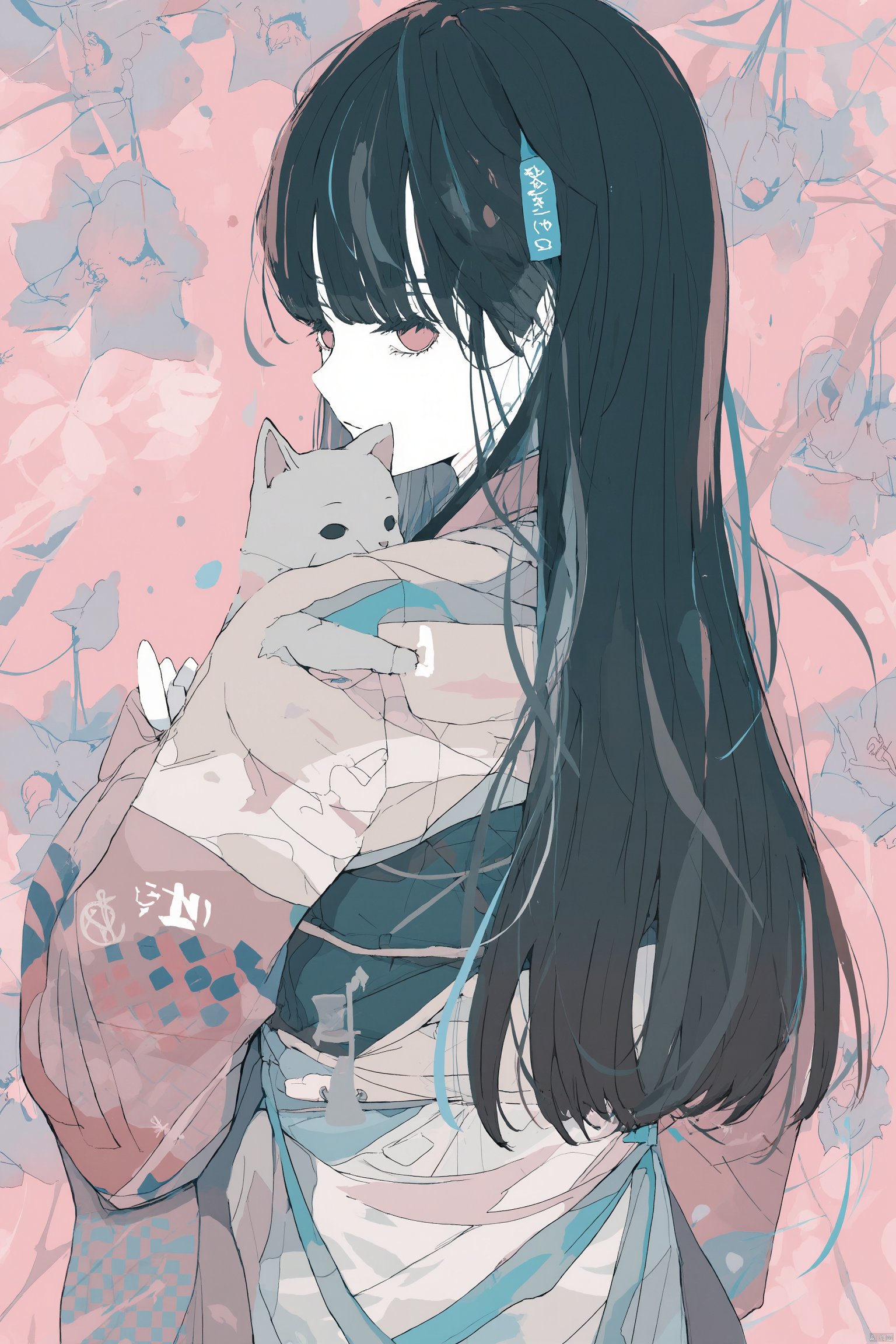 Anime illustration a young woman in traditional Japanese kimono holding a cat long black hair with bangs pink background with blue flowers soft pastel colors gentle expression holding white flowers blue and pink floral patterns holding an umbrella serene and intimate atmosphere., 1girl, solo, japanese clothes, kimono, long hair, black hair, sash, obi, from behind