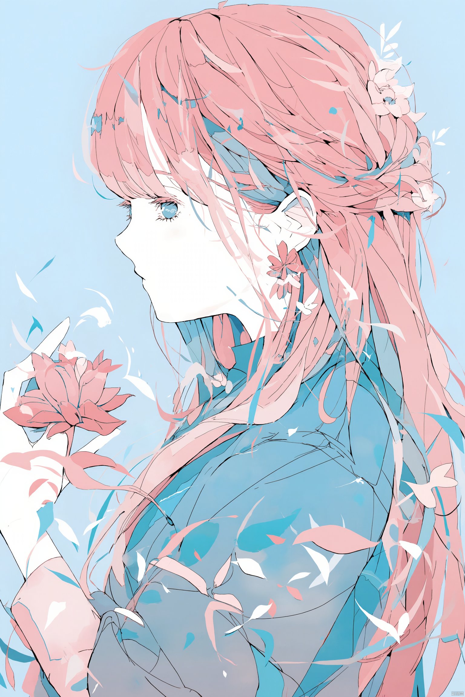 Anime illustration girl with pink hair and blue eyes wearing a blue dress with red accents holding a pink flower in her hand surrounded by scattered leaves soft pastel colors serene expression side profile light blue background delicate floral hair accessories gentle and ethereal atmosphere., 1girl, jewelry, earrings, blue eyes, flower earrings, from side, long hair, upper body, profile, petals, shirt, multicolored hair