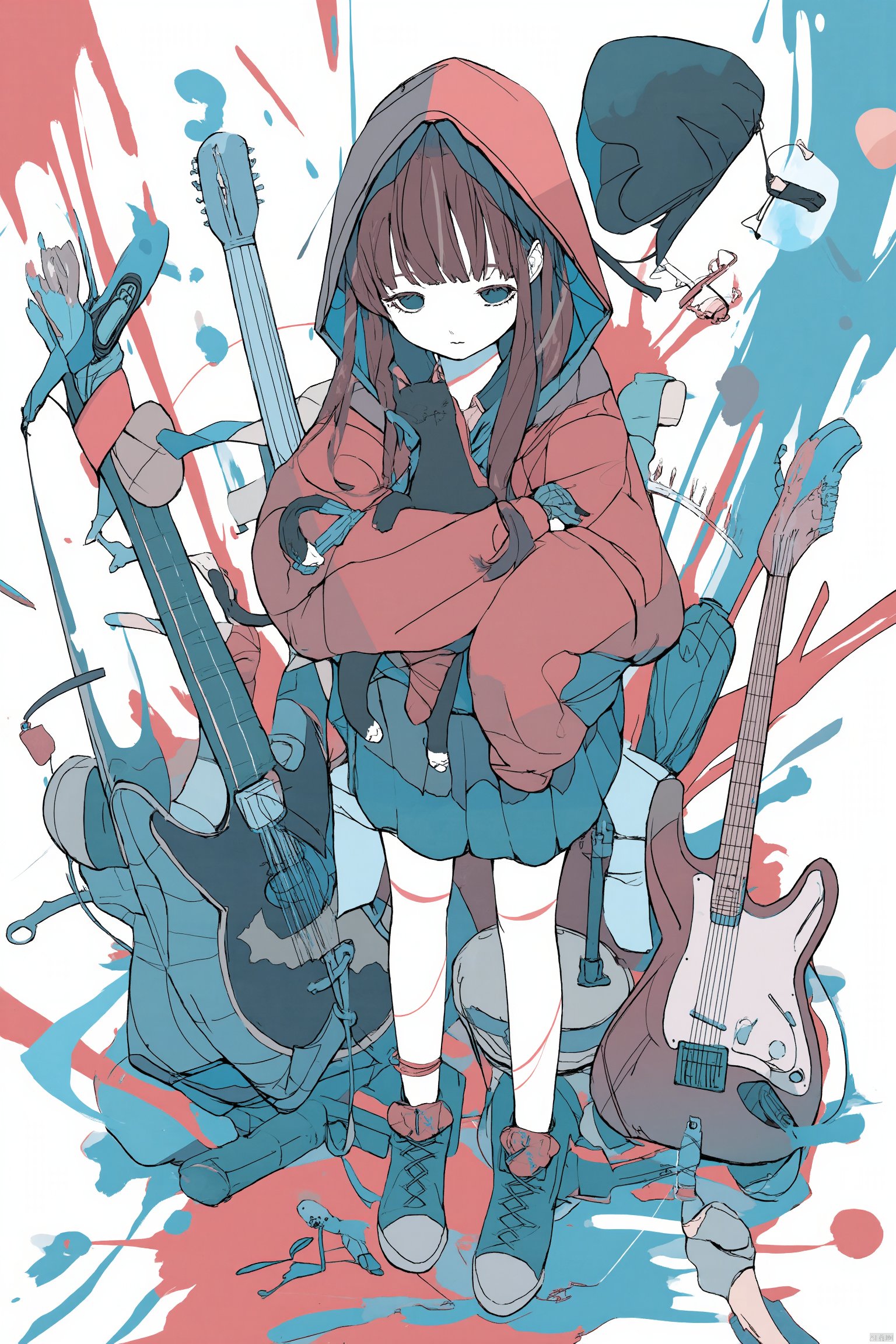 Anime illustration girl with long brown hair wearing a school uniform holding a black cat surrounded by various musical instruments including an electric guitar a microphone and a beanie with splashes of red and blue paint soft focus playful and cheerful mood medium shot slight tilted angle vibrant colors playful yet whimsical composition., 1girl, cat, solo, hood, skirt, shoes, blue footwear, brown hair, hoodie, long hair, paintbrush, white background, full body, sneakers, long sleeves, pleated skirt, paint splatter, hood down, holding