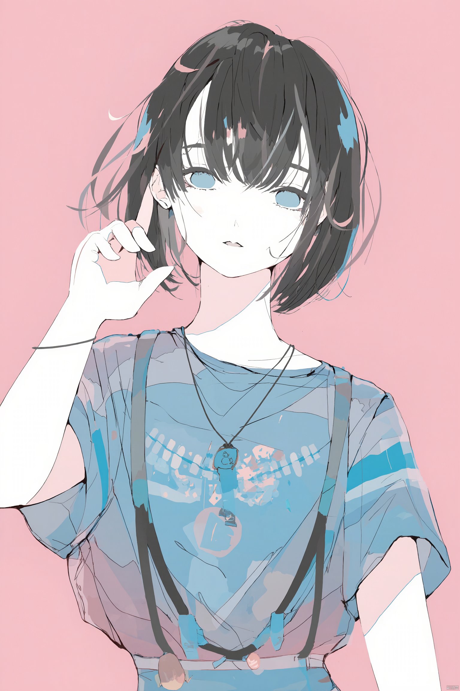 Anime-inspired illustration young woman with dark hair and blue eyes wearing a blue and white striped top with suspenders holding a hand to her ear pink background thoughtful expression soft pastel colors ethereal and serene atmosphere delicate earrings casual and relaxed pose., solo, jewelry, earrings, blue eyes, short hair, looking at viewer, parted lips, shirt, black hair, portrait, pink background, necklace, simple background