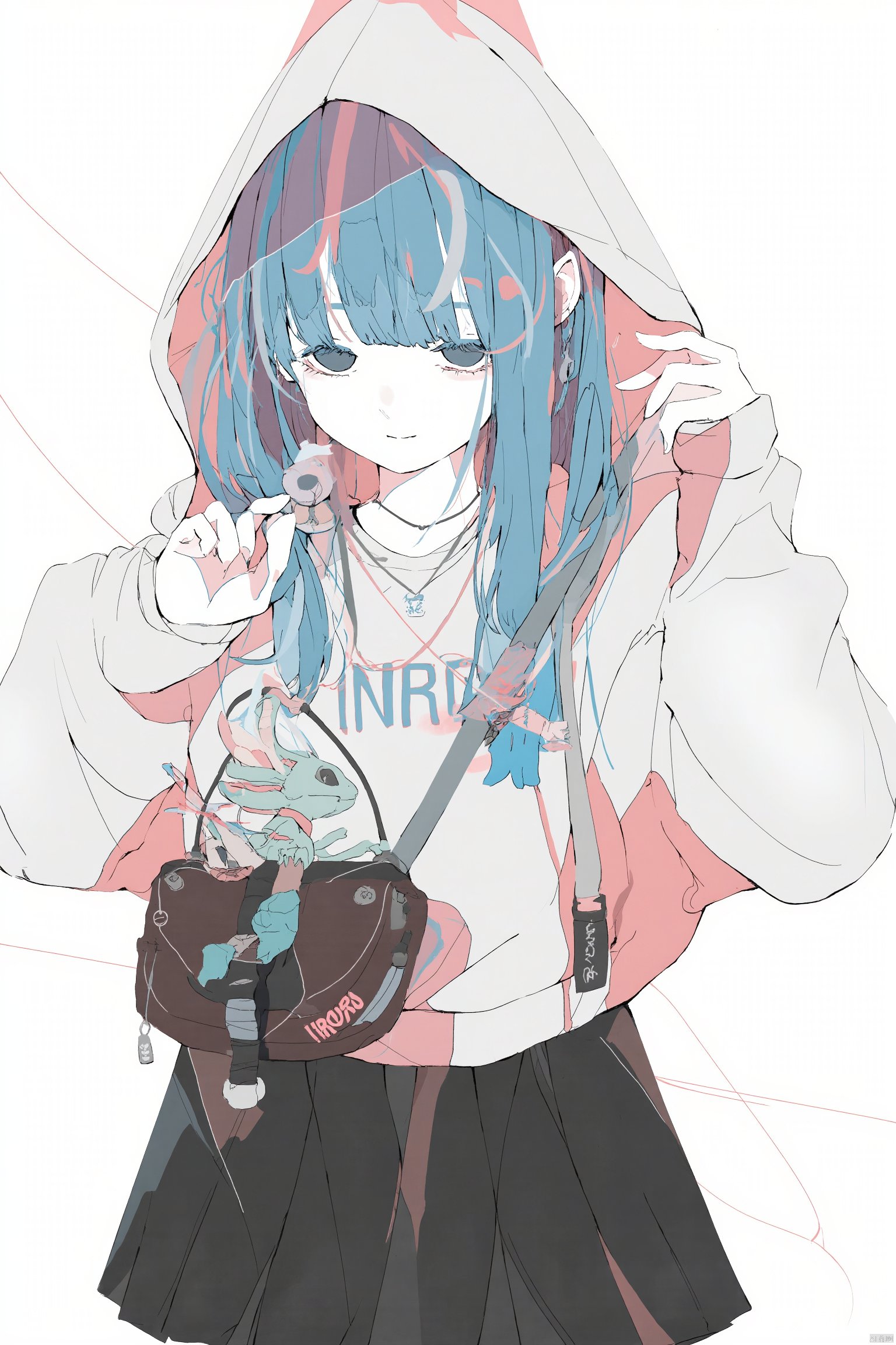 Anime artwork anime character with blue hair and white and pink outfit holding a bow and a chameleon standing against a white background with pink lines holding the bow with one hand wearing a black and pink bag with "IRONRO" on the bag looking over shoulder playful and cheerful expression soft pastel colors., 1girl, solo, skirt, hood, hoodie, blue hair, bag, black skirt, long sleeves, looking at viewer, white background, jewelry, pleated skirt, earrings, sleeves past wrists, hand up