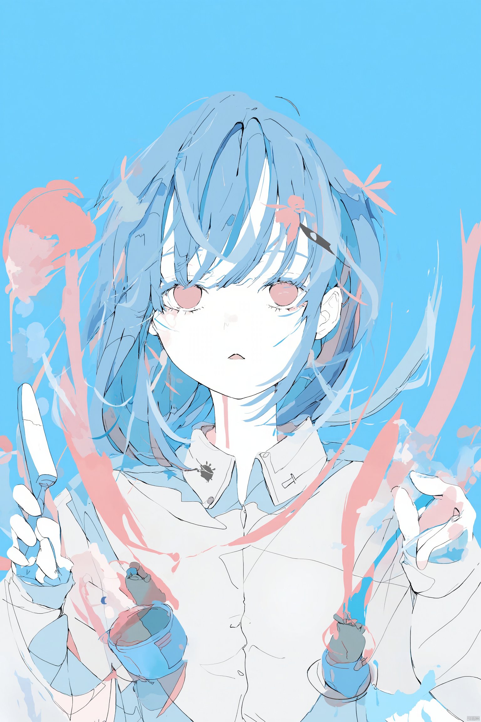 Anime-inspired anime artwork girl with long blue hair and pink bows in her hair holding a paintbrush and paint can wearing a blue and white school uniform standing in a blue sky with splashes of pink paint looking up with a determined expression arrow pointing to the left soft pastel colors cheerful and vibrant., 1girl, solo, looking at viewer, shirt, upper body, holding, blue hair, short hair, blue background, no pupils