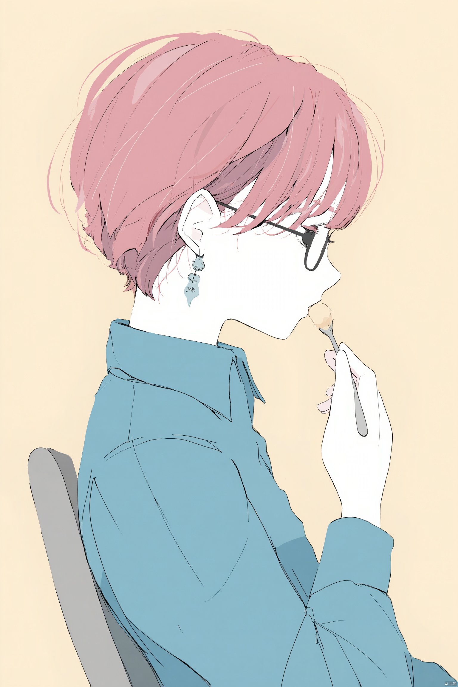 Anime drawing young person with pink hair and glasses sitting in a chair eating a dessert wearing a blue shirt holding a spoon with a dessert on the table light beige background soft focus relaxed and focused expression hand-drawn style casual and casual attire., 1girl, solo, spoon, shirt, short hair, glasses, simple background, from side, holding spoon, holding, profile, jewelry, earrings, red hair, chair, blue shirt, long sleeves, flat color, collared shirt, food, sitting, upper body