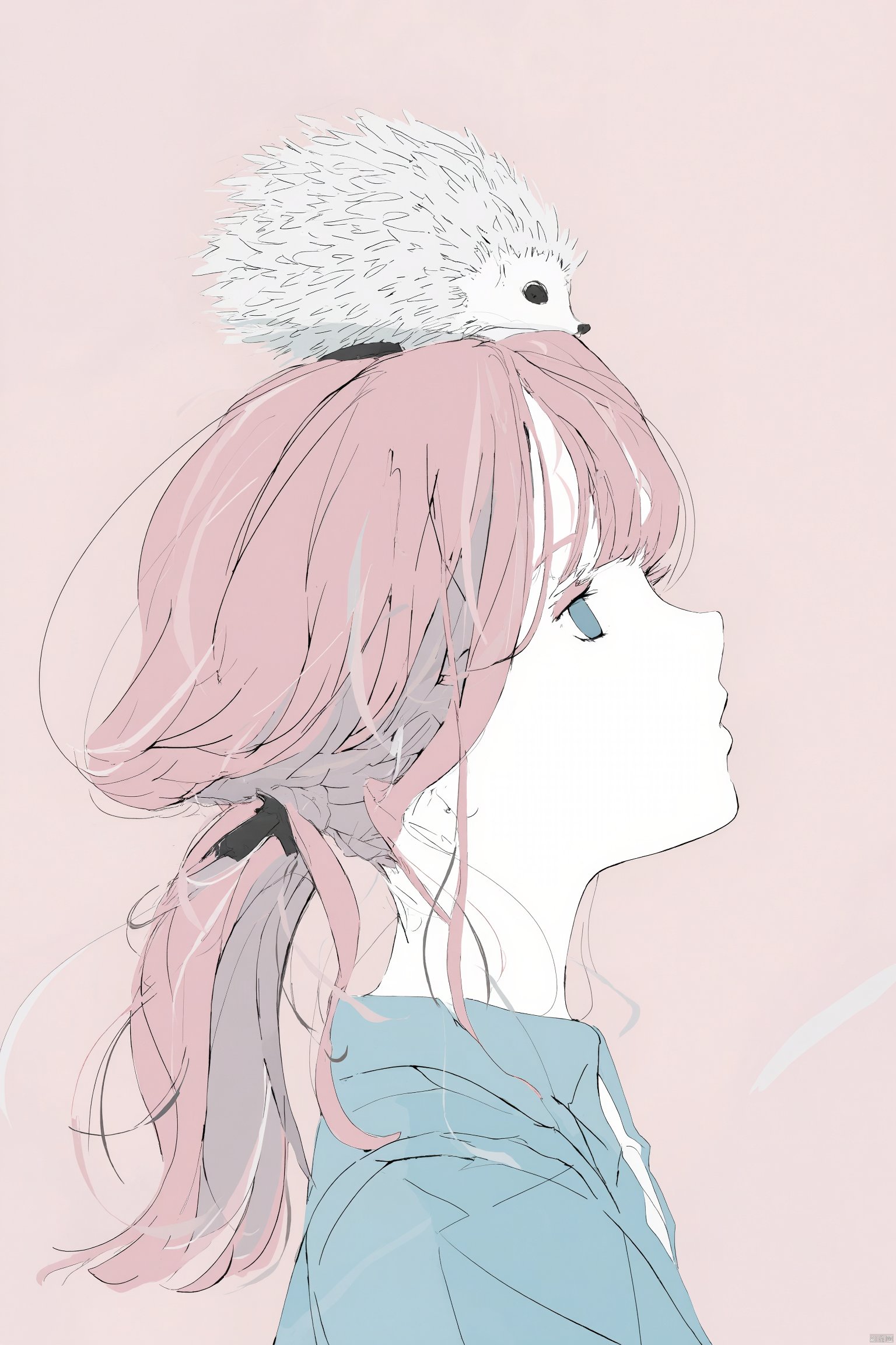 Anime drawing anime girl with long pink hair holding a pen to her lips looking up at a hedgehog on her head soft pink background light blue and black outfit serene expression hand drawn style gentle shadows delicate and whimsical atmosphere., 1girl, solo, simple background, ponytail, on head, animal on head, portrait, profile, from side, shirt, looking up, pink hair, sidelocks, long hair, blue eyes, blue shirt