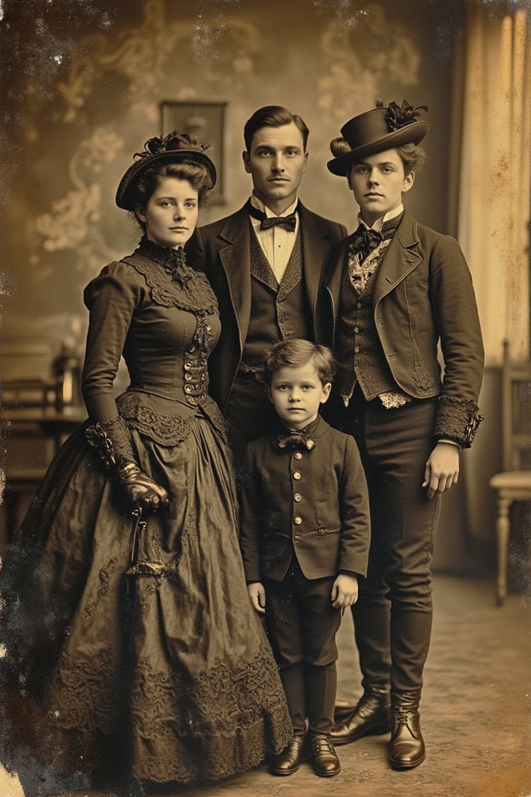 A faded old photo with a 1940s vibe, featuring a family dressed in steampunk Victorian clothing. The shot is framed in a mid-close-up, capturing their intricate and elaborate outfits, with soft, warm lighting enhancing the vintage atmosphere. The composition highlights the family's unique attire and their collective presence, creating a nostalgic and imaginative scene. The photo's edges are slightly worn, adding to the antique charm.