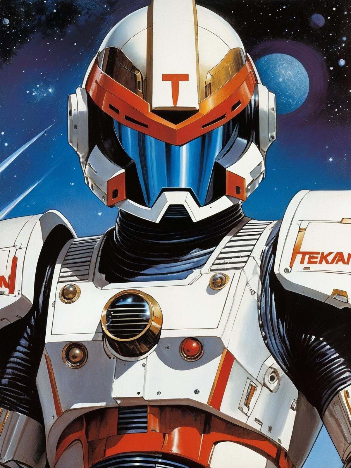 tekkaman space knight, character portrait, portrait, close up, concept art, intricate details, highly detailed, vintage sci - fi poster, in the style of chris foss, rodger dean, moebius, michael whelan, and gustave dore