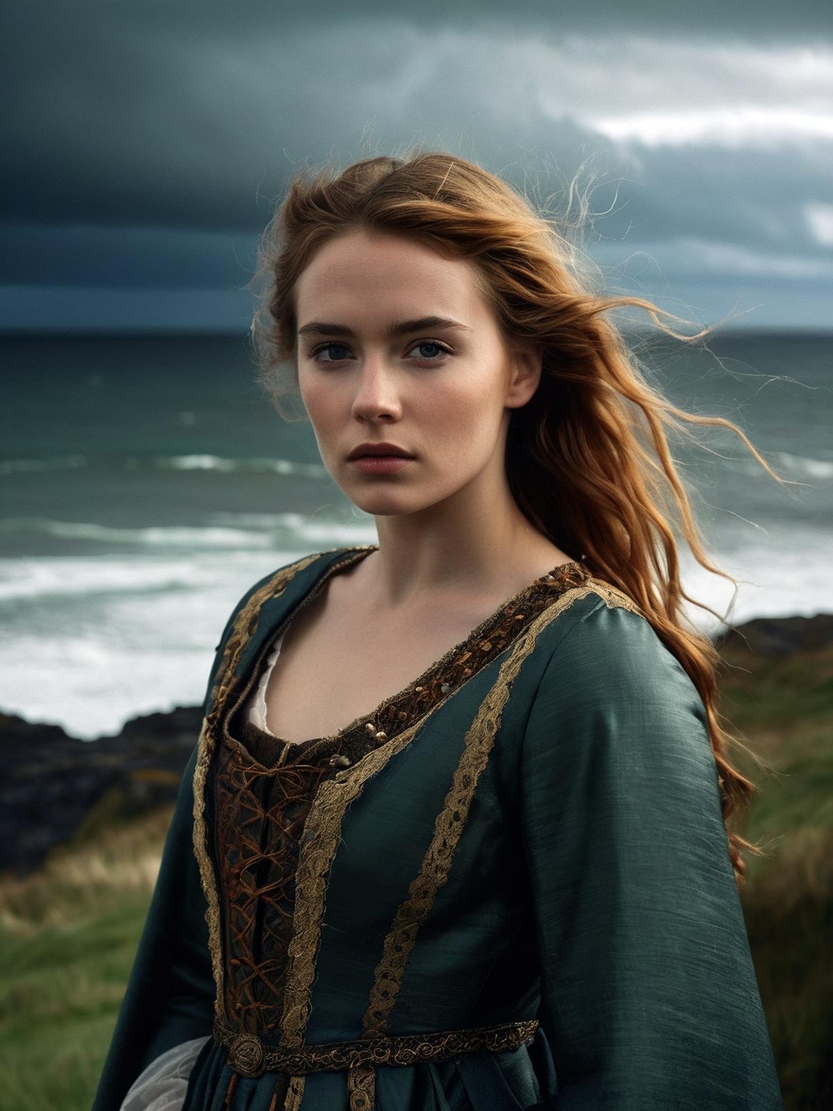 award winning film still of the Scottish coastline, photographic close-up face shot portrait of a seductive Scottish young woman, alone, medieval dress, stormy overcast weather, heavy dark clouds, intricately detailed, depth of field, dramatic backlighting, cinematic LUT, film grain