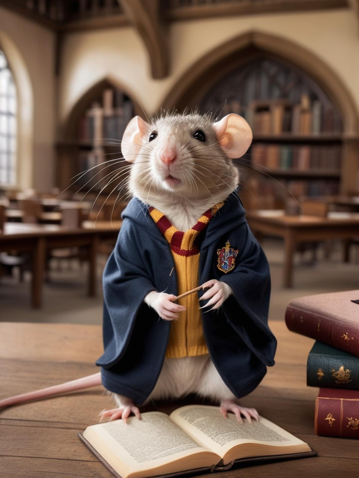 photo of a small anthropomorphic rat wearing a hogwarts costume,hogwarts classroom,ultra-quality,hyperrealistic,RAW photo