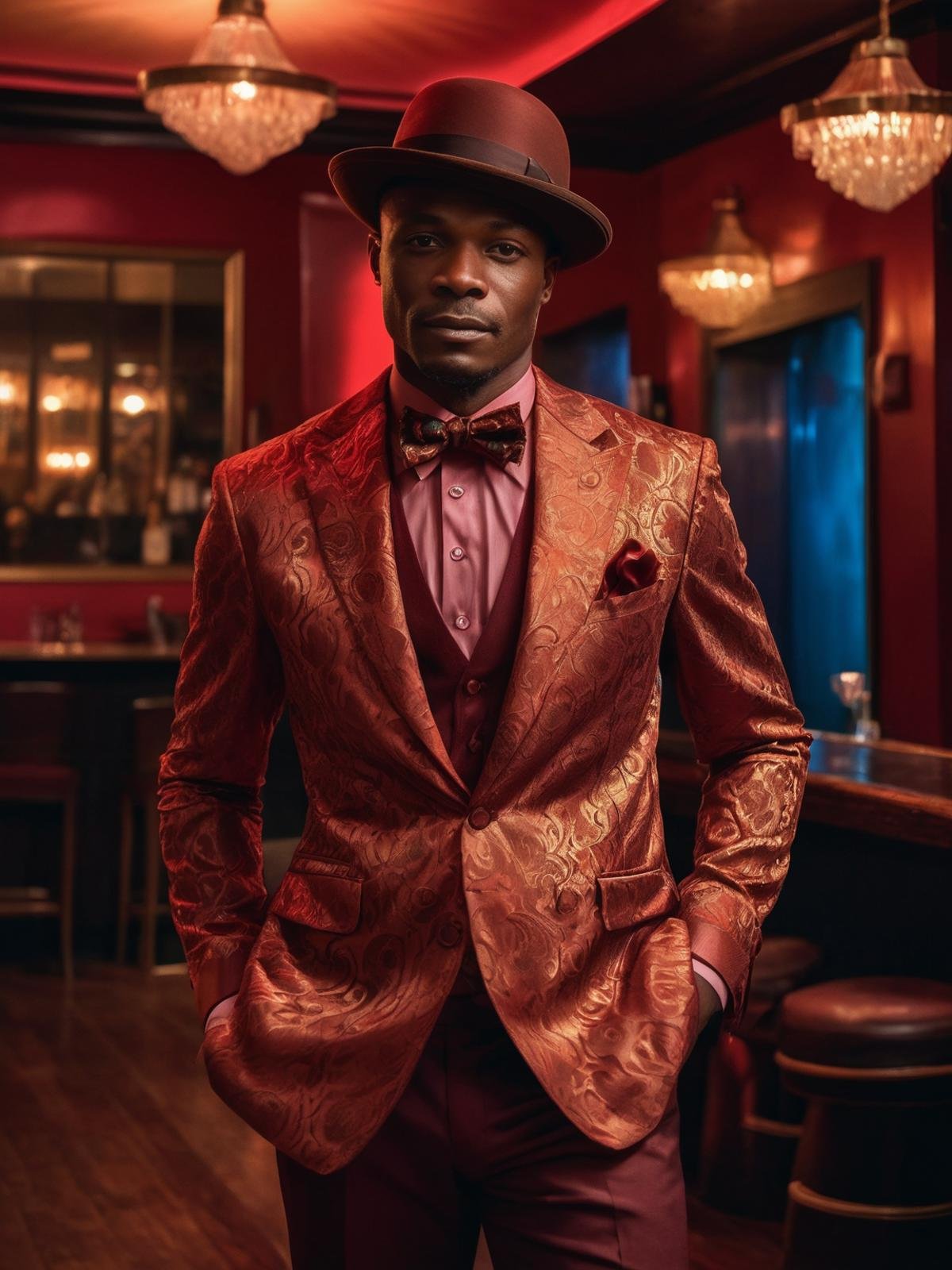 stunning natural neon color raw portrait, Congolese man as a pompous dancer, (brocade shirt, pants, bow tie, bowler hat:1.2), indoors in a 20s Jazz club, (dark and moody, red mood lighting, red color tint, dark reddish shadows, orange highlights, crimson hues)