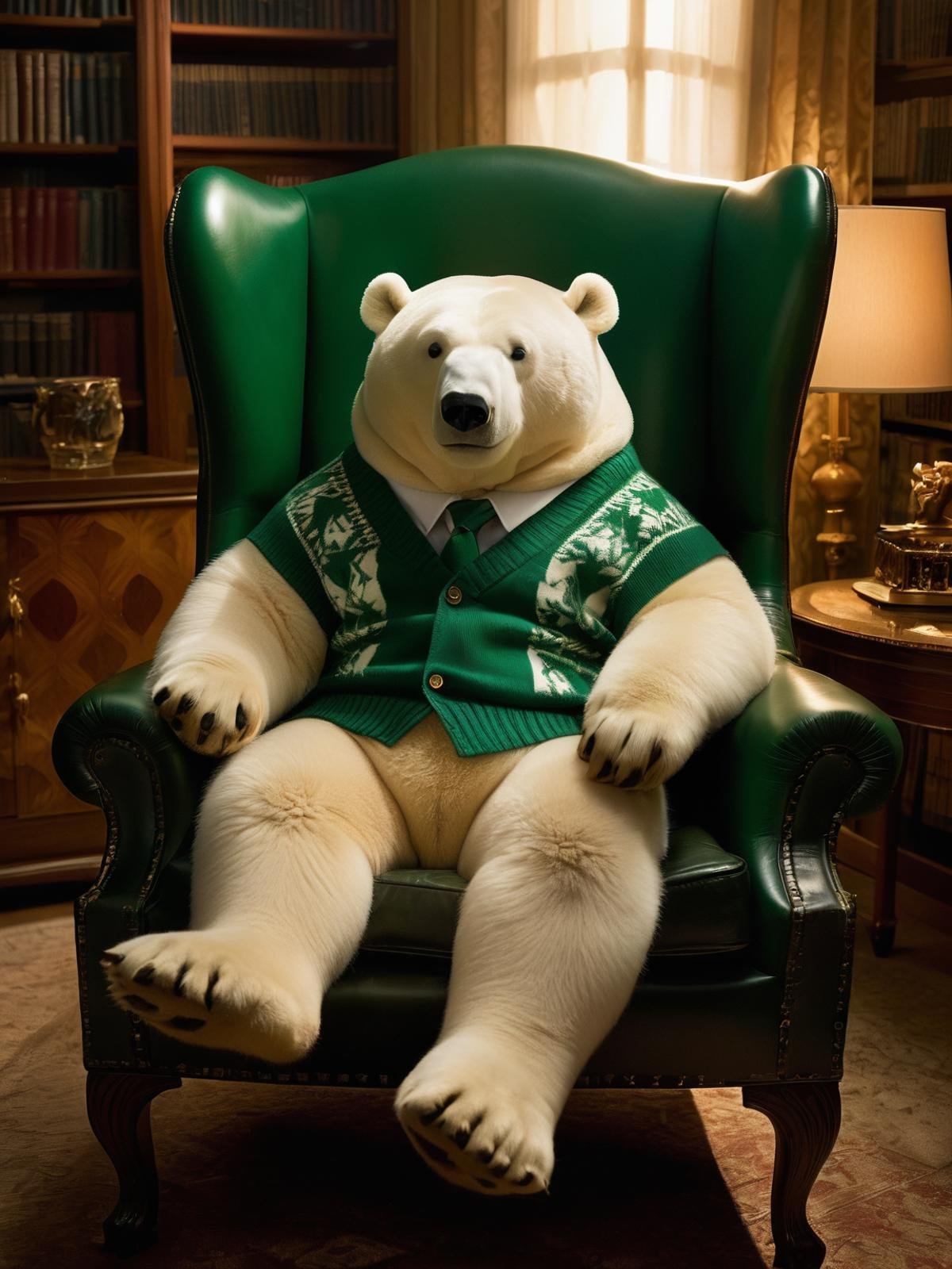 adorable and cute ice bear wearing green (louis vuitton:1.1) sweater with a patterned tie sittin in an old chesterfield chair,smiling,(harsh shadows:2.0),mid-night,cinematic lighting,taken by Joel Sartore,taken by David LaChapelle,stunning,El Lissitzky,Daniel Arsham,Anish Kapoo,taken by Brandon Woelfel,cinematic,in a library room 