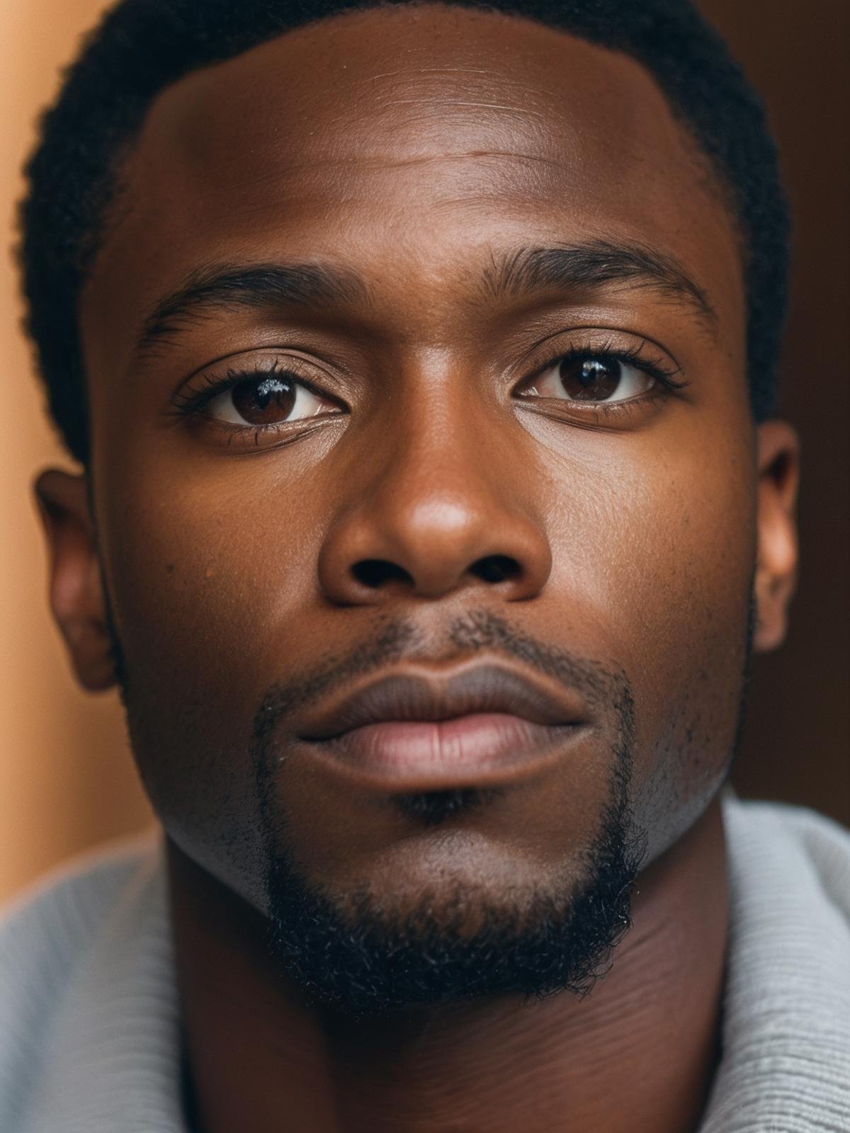 lifestyle photography photo of a black man, anticipate facial expression, close up on face, under soft lighting, high angle, shot on a Fujicolor Pro