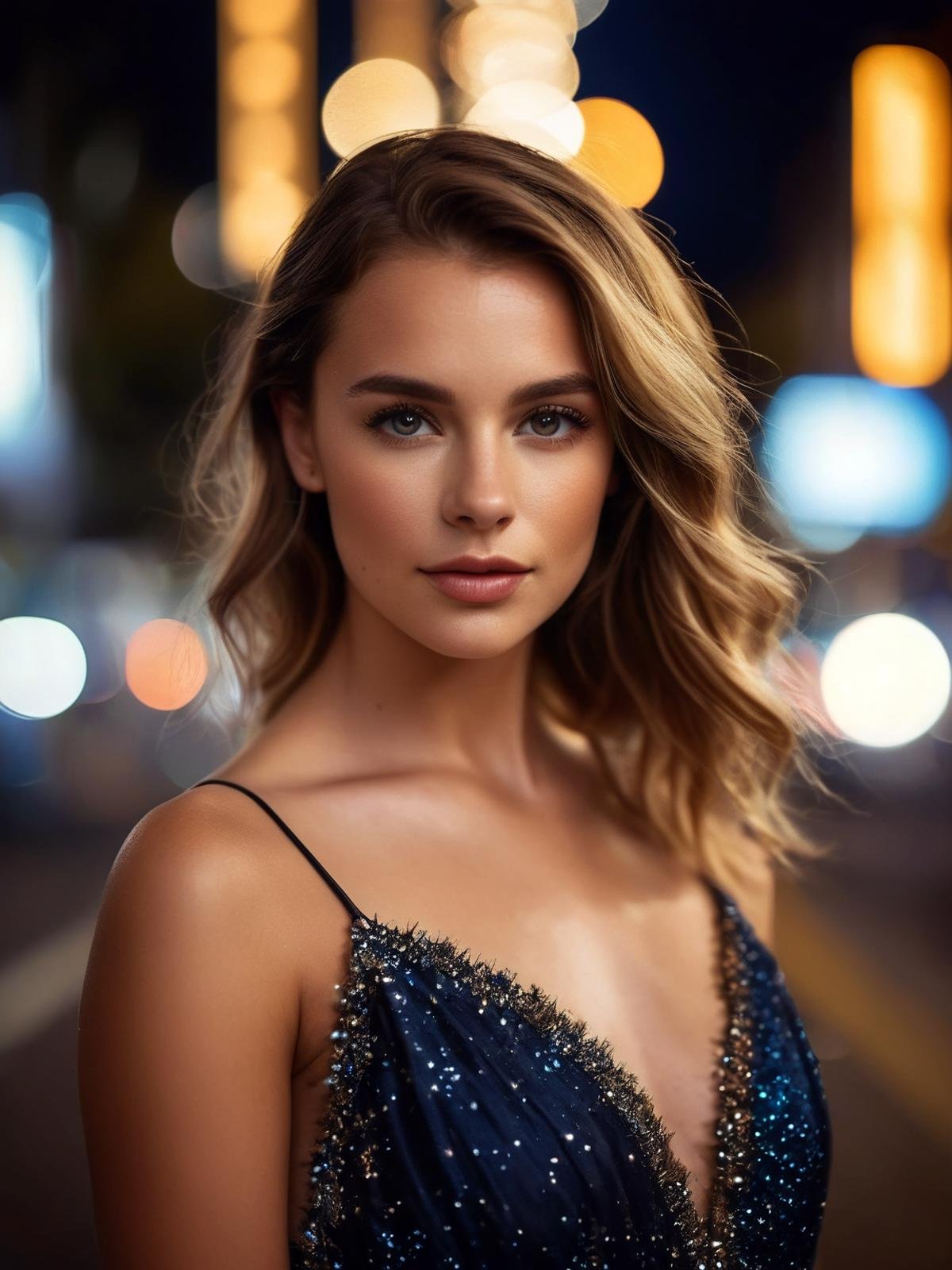 young Australian woman wearing a dress, beautiful face, make-up, night city street, shallow depth of field, vignette, highly detailed, high budget Hollywood film, bokeh, cinemascope, moody, epic, gorgeous, film grain