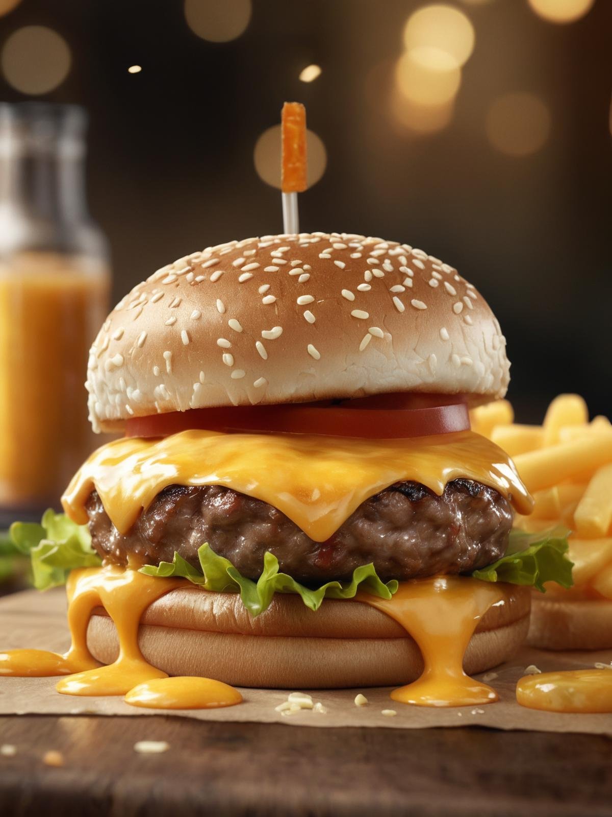 photo of a burger with cheese from food photograph, food photography, photorealistic, ultra realistic, maximum detail, foreground focus, recipes.com, epicurious, instagram, 8k, volumetric light, cinematic, octane render, uplight, no blur, depth of field, dof, bokeh