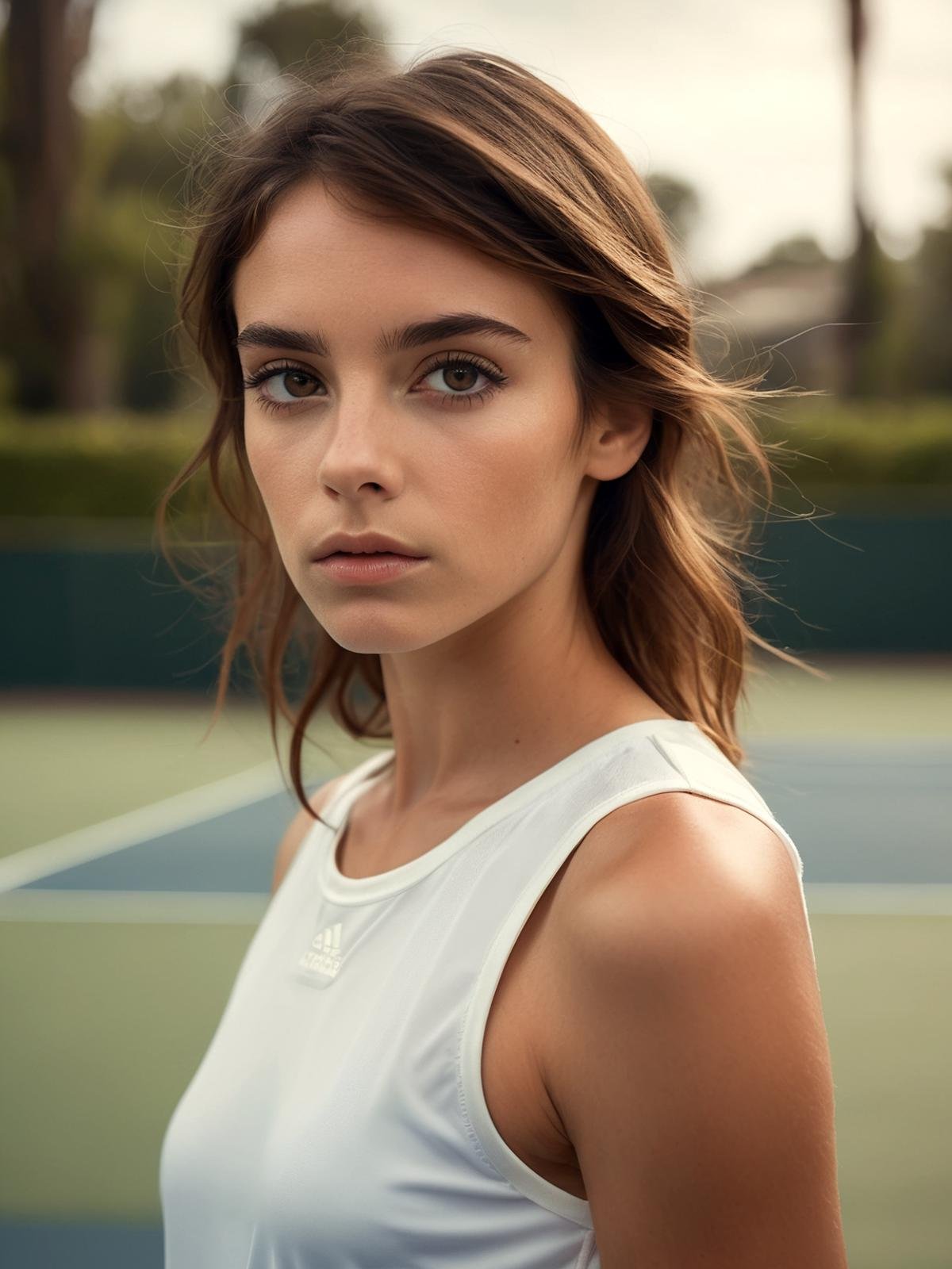 skinny french girl,eyeshadow,messy brunette hair,wearing sexy tennis clothing,looking at the viewer,serious expression,outside,simple background,shallow depth of field,vignette,highly detailed,high budget Hollywood film,bokeh,cinemascope,moody,epic,gorgeous,film grain