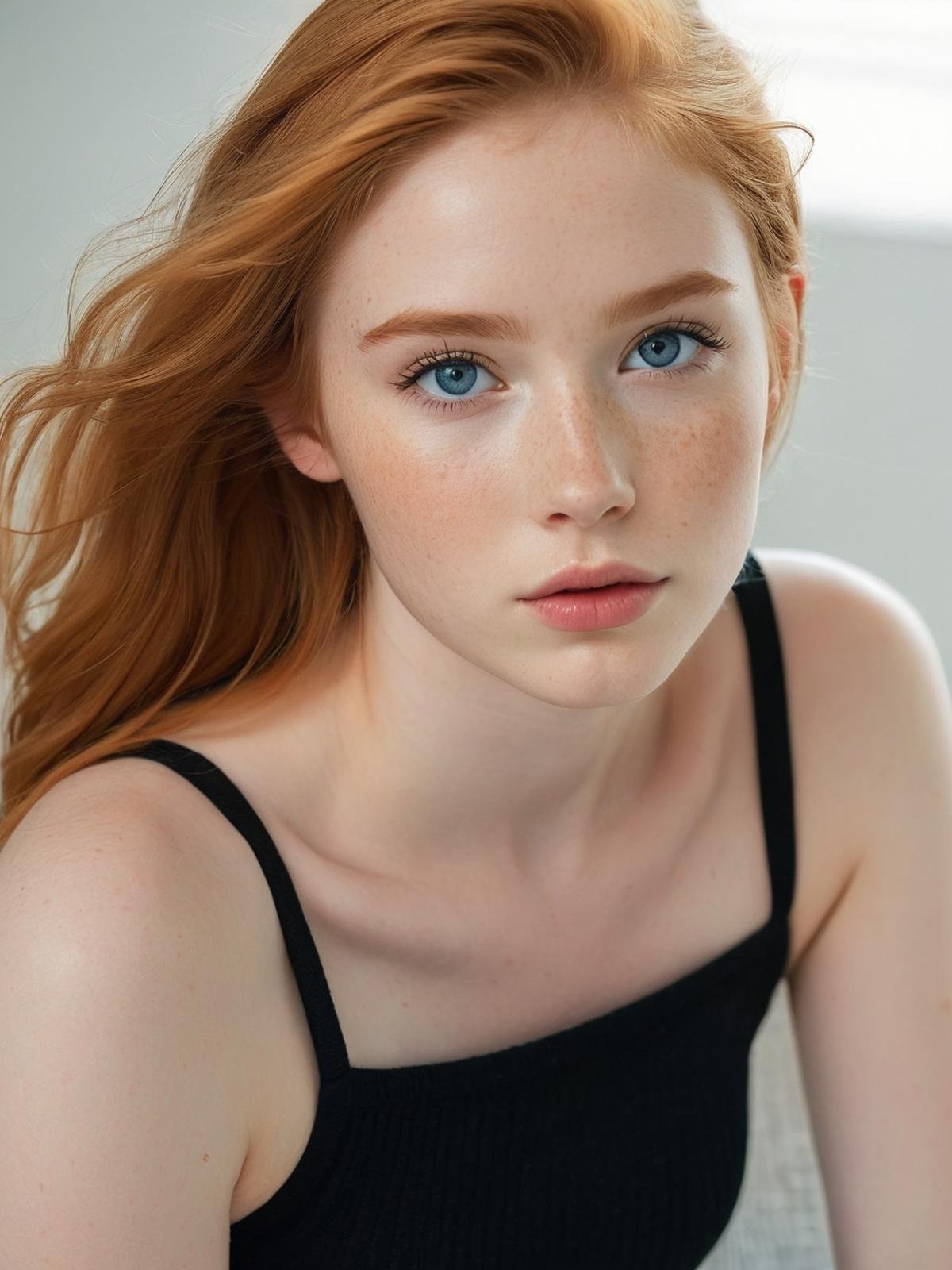 half body photo of a cute 20yo cute ginger girl, (looking shy:1.3), freckles, detailed face, detailed skin, wearing a ribbed knit crop top with cargo pants, beautiful body, large round blue eyes, black eyeliner, sensual lips, suggestive pose