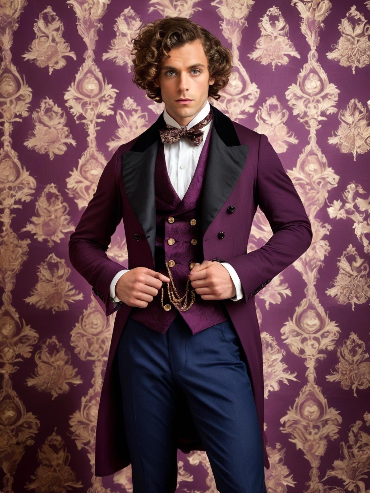 a candid color photograph of slim male man, big eyes, curly hair, wearing 1850s victorian dark frock coat, a decorative double-breasted waistcoat, and a narrow bow tie, looking at the viewer, serious expression, bold dynamic pose, hands on her hips, simple (plum swirly wallpaper) background, face focus, epic character composition, sharp focus on eyes, couture, fashion photography, high quality, clothing details, fine fabric, natural lighting