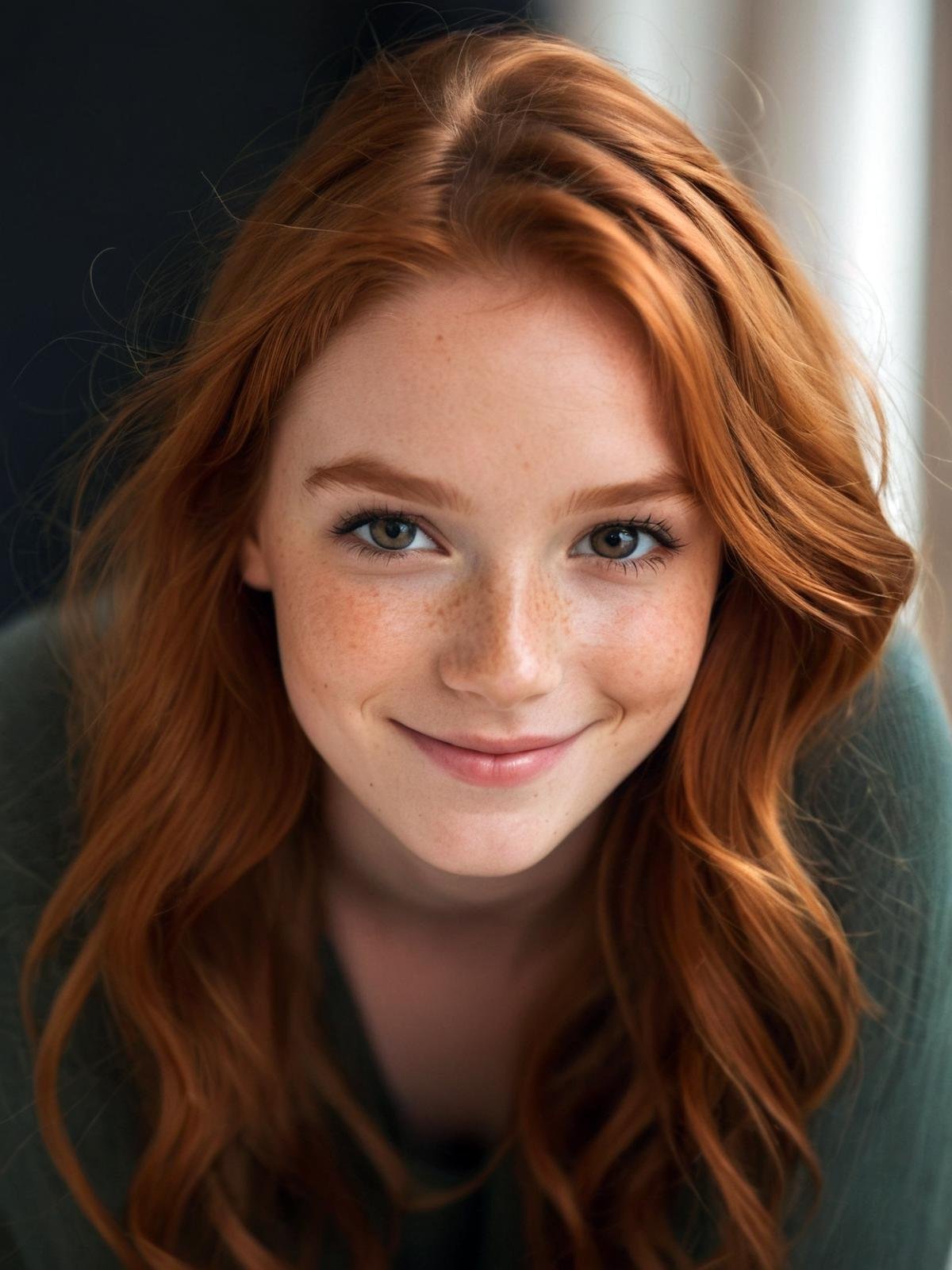 beautiful girl, smile, happy, close up, (detailed eyes:0.8), (looking at the camera:1.4), interior, ginger hair:1.3, dark studio, muted colors, freckles