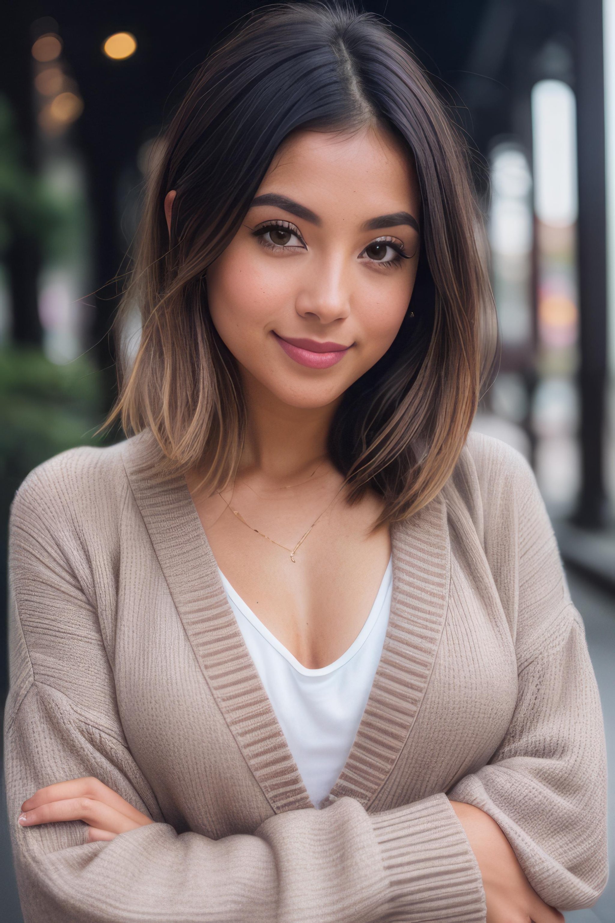 eye level photo photograph closeup close up body portrait of a Latina pale girl (brown long Layered Cut Haircut), (posing outside amidst an intricate Wuxi park road:1.1), crowded street with cafes in the distance, cold Yellow night, (rim light:1.1), (wearing Wool Chunky knit cardigan in Brown, and wearing Taupe Wool Wide-leg jumpsuit), thigh high socks,  (flat chest), (arm under her breasts), (focus on the eyes), angelic, beautiful face, (naughty smile), camera flash, (hard shadows, dark theme, unlit, dim lighting), (Steve Pyke portrait photography), Soft pinks aesthetic <lora:LowRA:0.55>