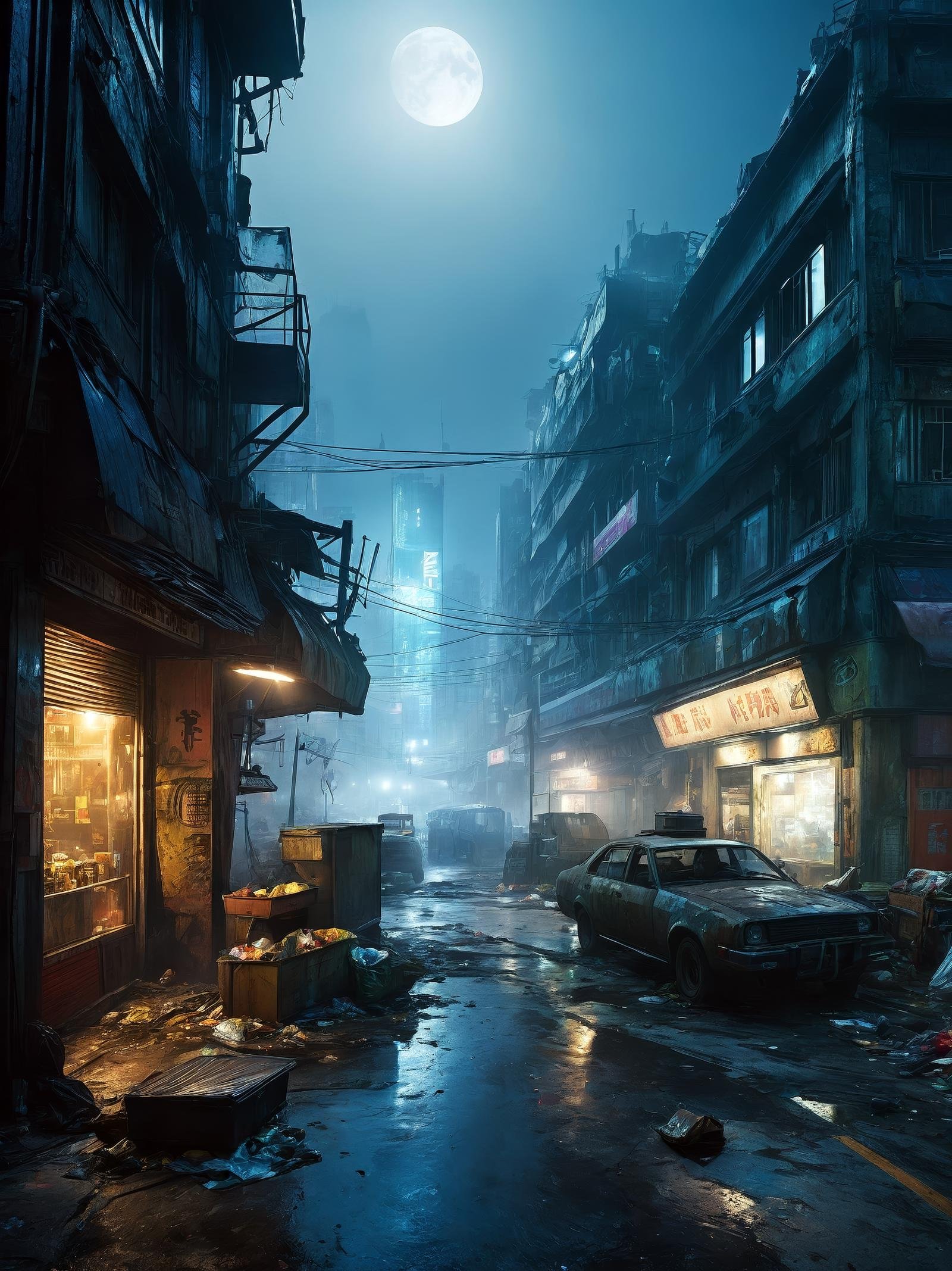 dark futuristic scenery, atmospheric fog, moonlight, futuristic city,dirty busy streets with open shops, trash on street, run down buildings, (postapocalyptic city:1.3)