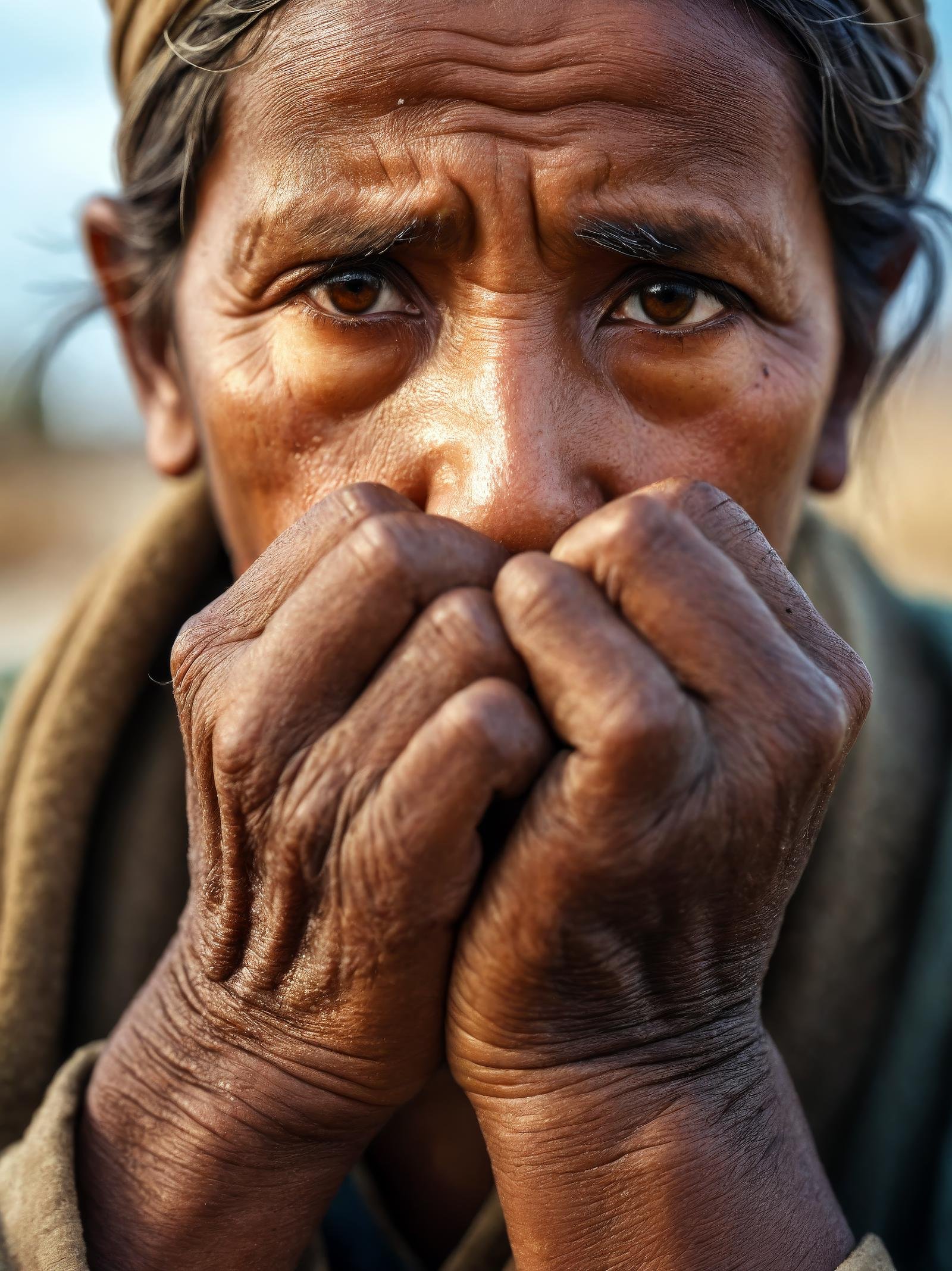 Close-up portrait of a climate refugee, weathered hands clasped, eyes reflecting both despair and unwavering determination, hyperrealistic, natural lighting, shallow depth of field.