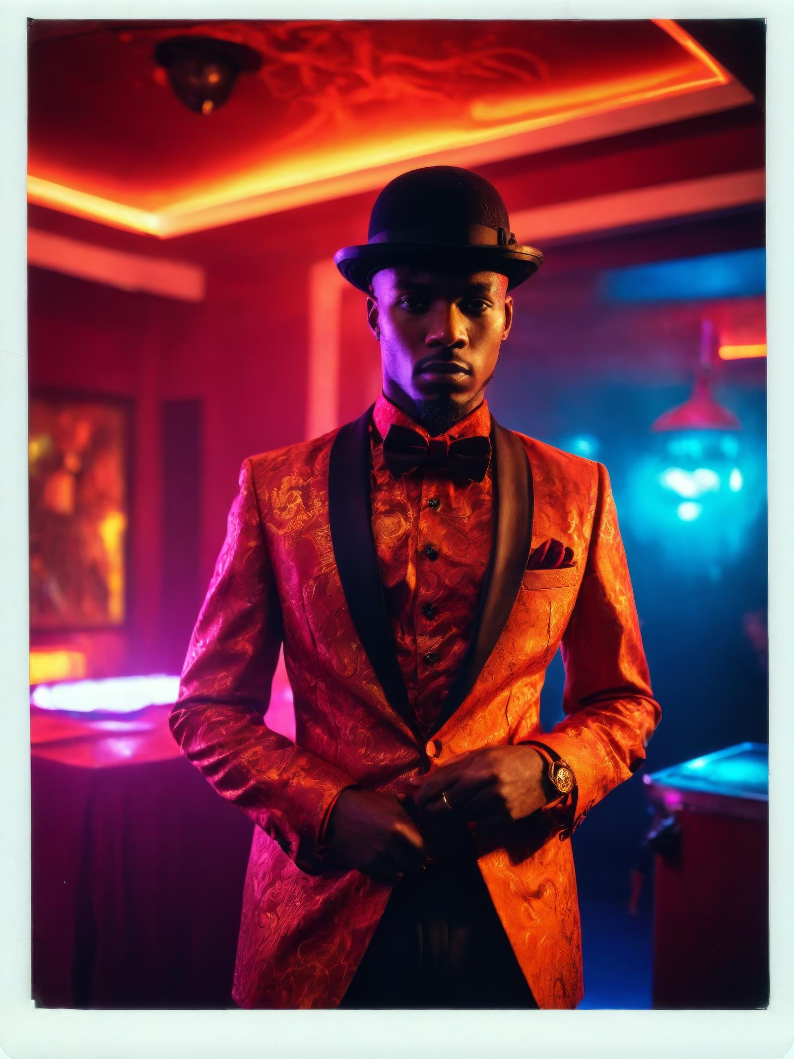 stunning natural post-apocalyptic neon color raw portrait, (sfw) senegalese male, as a pompous dancer, (brocade shirt, pants, bow tie, bowler hat:1.2), indoors in a steamy (red night club, dark and moody, red mood lighting, red color tint, dark reddish shadows, orange highlights, crimson hues), post-apocalyptic scene with electrical attr, neon color raw photo, epic character composition, sharp focus, subsurface scattering, f2, 35mm, film grain