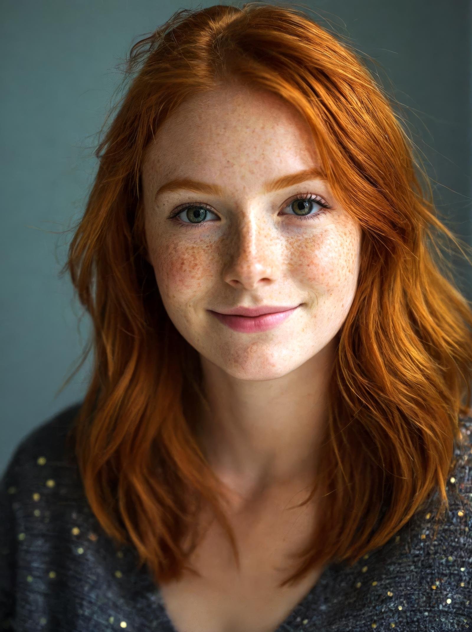 beautiful girl, smile, happy, close up, (detailed eyes:0.8), (looking at the camera:1.4), interior, (ginger hair:1.3), dark studio, muted colors, freckles