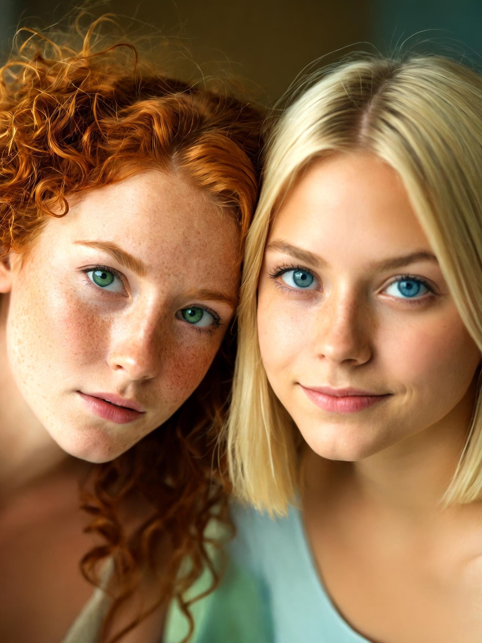 2girls, portrait of two women in the morning light, gazes into the camera with dreamy eyes, very detailed, atmospheric haze, film grain, cinematic film still, shallow depth of field, highly detailed, high budget, cinemascope, moody, epic, photorealistic, natural, shallow dof ADDCOMM1girl, Irish woman, blush, seductive expression, busty, freckles, green eyes, perfect ginger curly hair ADDCOL1girl, young swedish woman, gentle smile, blonde short hair, skinny, blue eyes