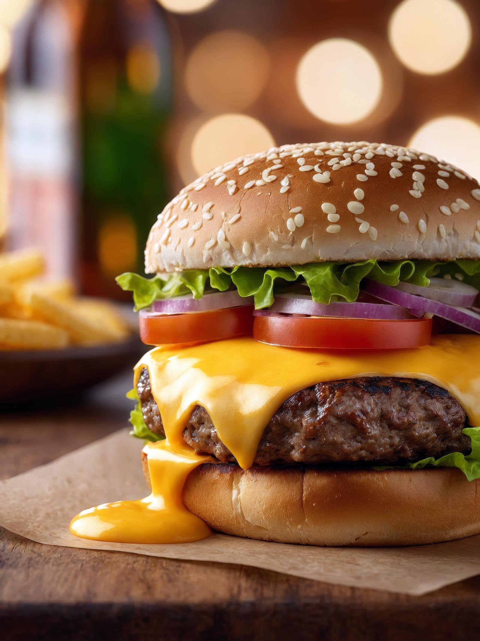 Photo of a burger with cheese from food photograph, food photography, photorealistic, ultra realistic, maximum detail, foreground focus, recipes.com, epicurious, instagram, 8k, volumetric light, cinematic, octane render, uplight, no blur, depth of field, dof, bokeh