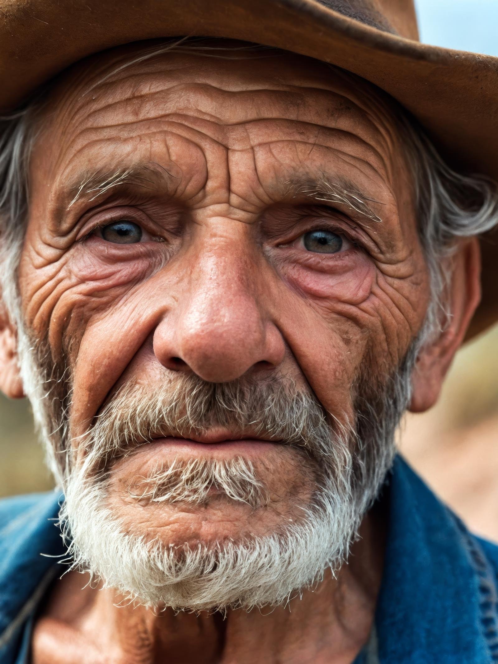 closeup portrait emotional photo of old man in rugged bluesman clothes, face, 8k uhd, high quality, film grain, looking at viewer, portrait, (skin pores:1.2), (moles:0.8), (imperfect skin:1.1)