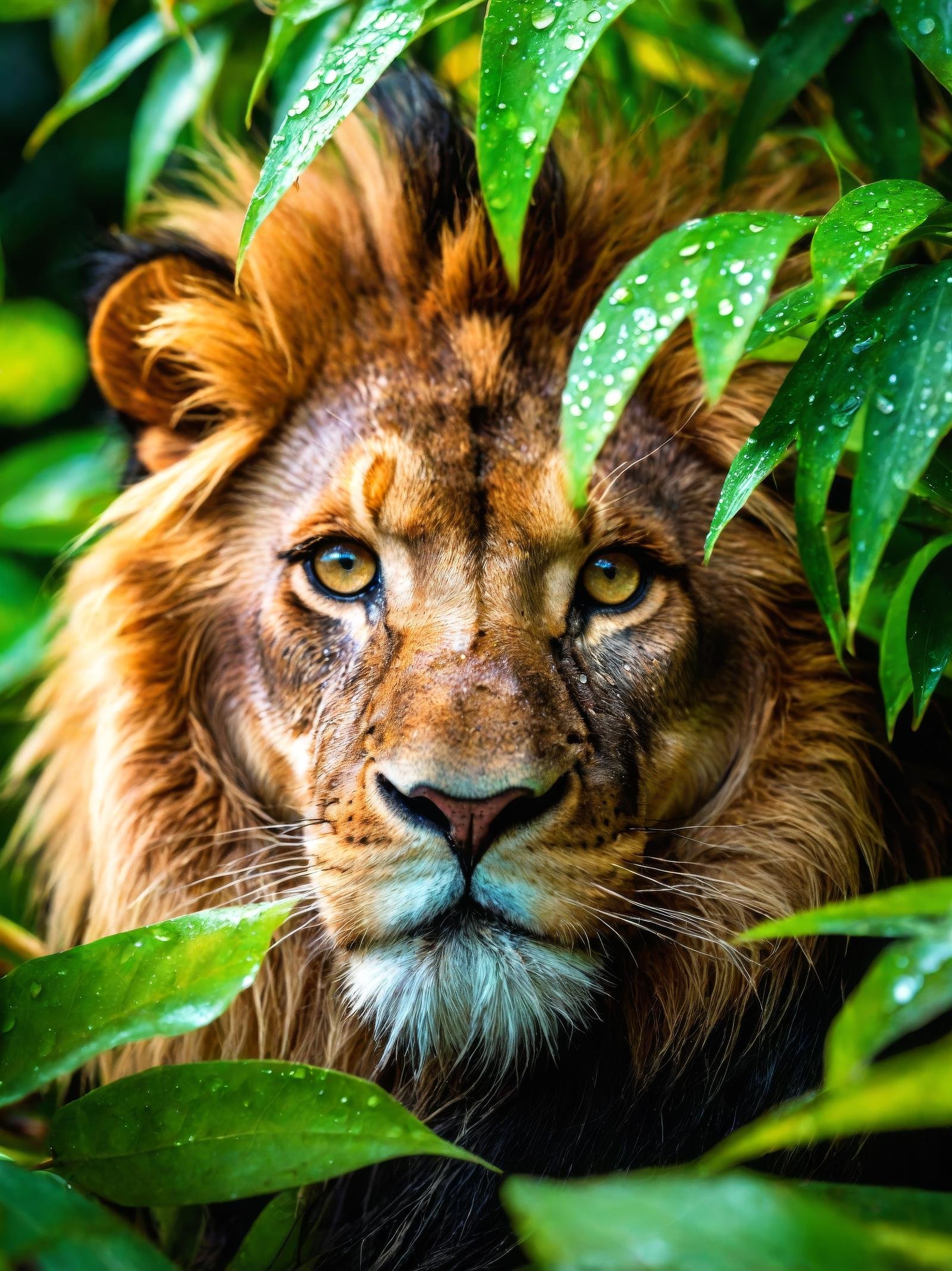 lion, hiding in the leaves, black dragon, shiny scales, ((rain)), zazie rainyday, beautiful eyes, macro shot, colorful details, natural lighting, amazing composition, subsurface scattering, velus hairs, amazing textures, filmic, soft light