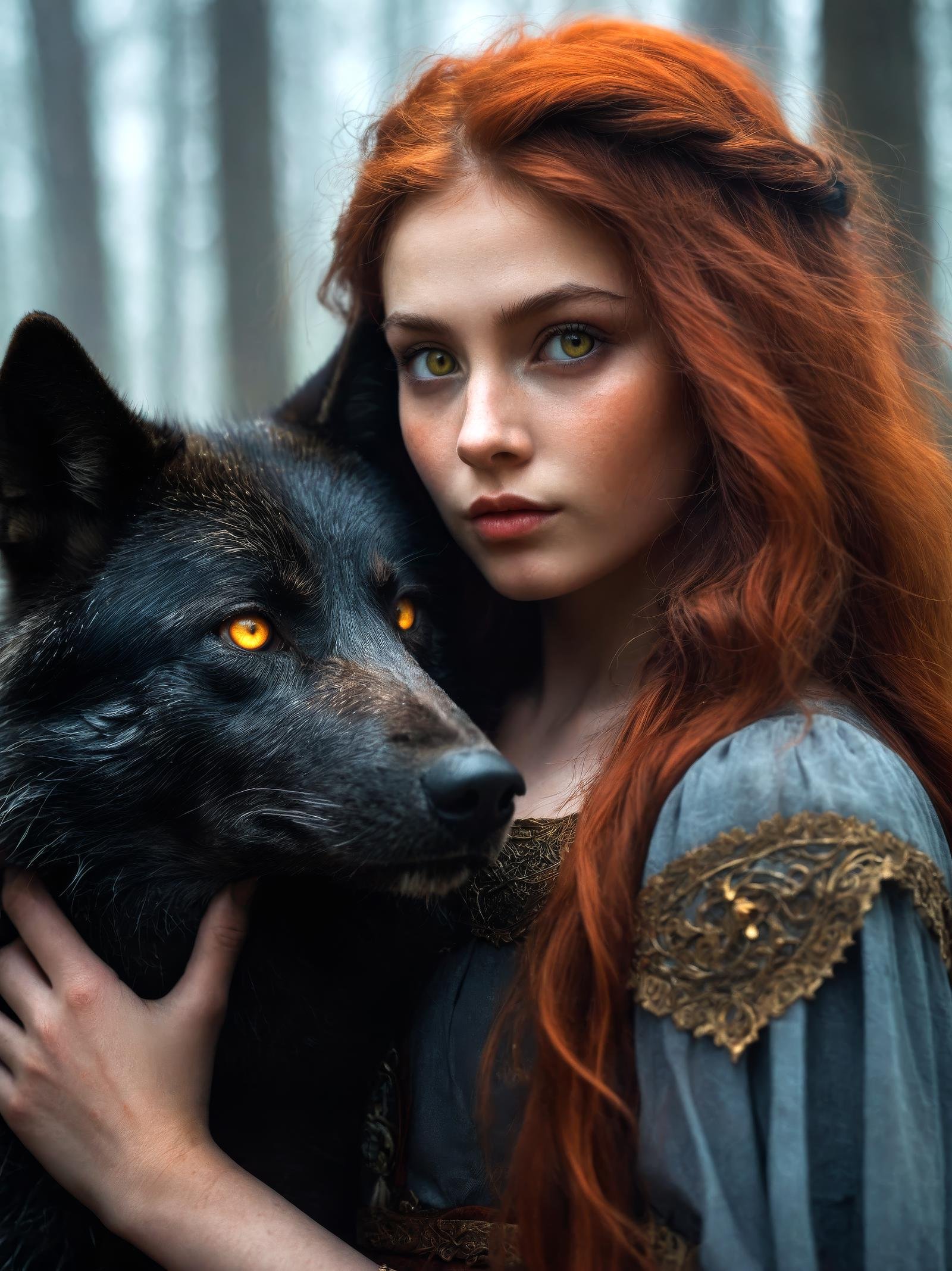 nightime, medieval, a 20 yo ukrainian girl and her black wolf pet, skin details, fiery copper textured hair, light Aureolin eyes, whymsical, fantasy, harmonious, peaceful, foggy old forest